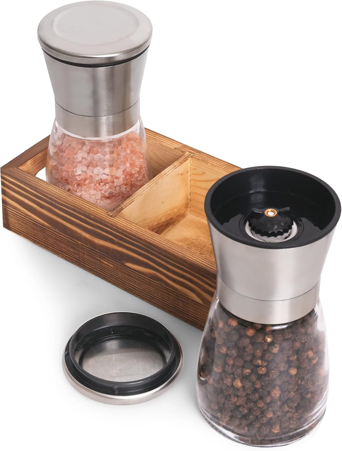 CB Accessories Stainless Steel Salt and Pepper Grinder Set with Wood Tray,  Adjustable Coarseness for Modern Farmhouse Kitchen Table