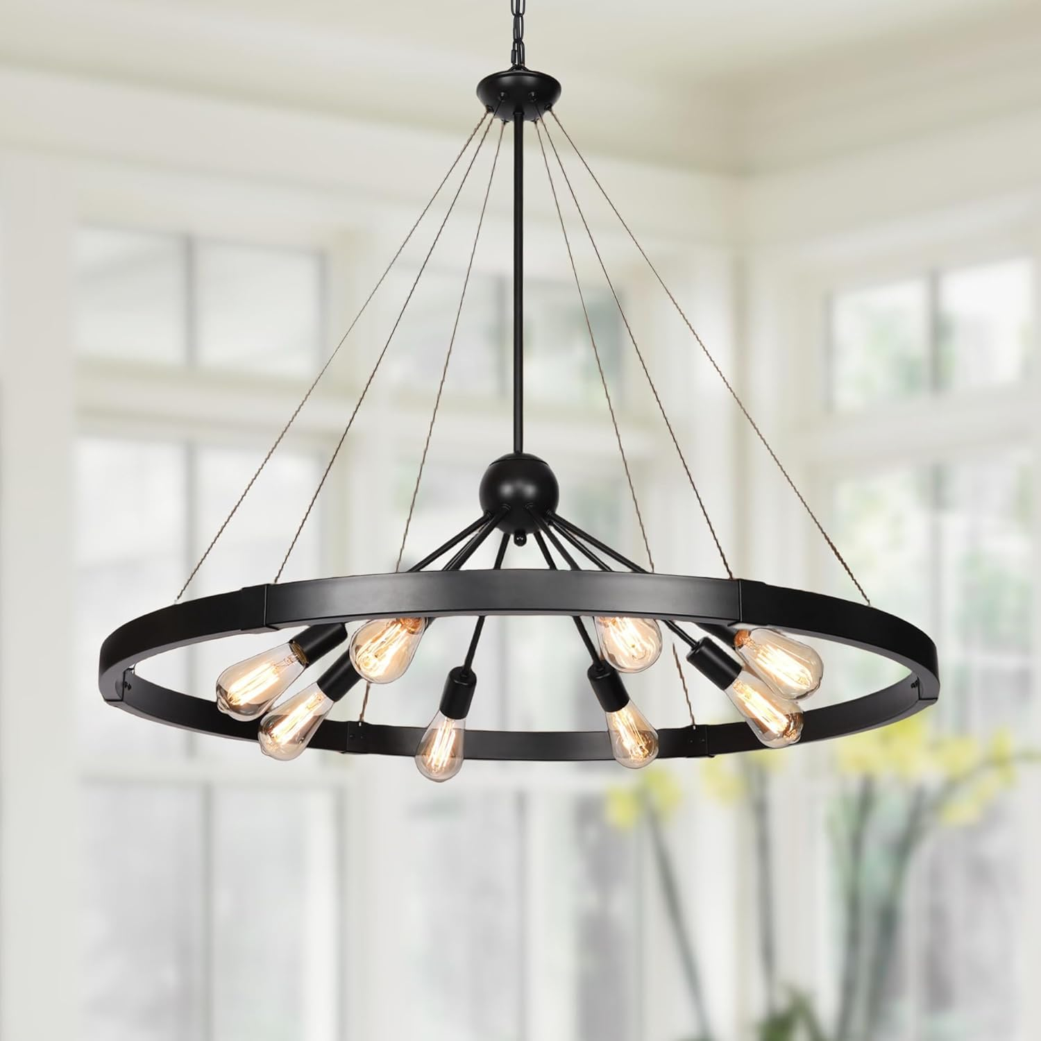 8-Light Farmhouse Black Wagon Wheel Chandelier with Adjustable Chain for Study Dining Room Kitchen