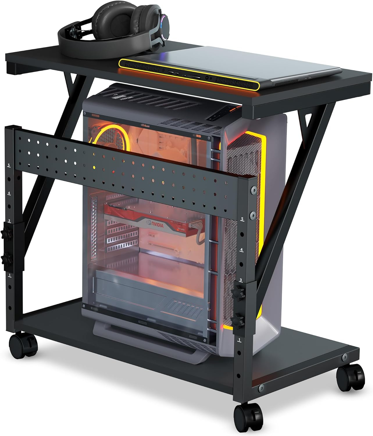 Computer Tower Cart - Height Adjustable PC Stand, 2-Tier ATX-Case CPU Holder Home Office Gaming Desk Accessories with Rolling Lockable Wheels, Laptop Table Standing Computer Desk, Rustic Black