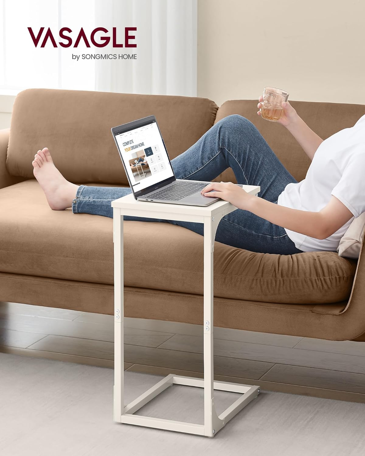 VASAGLE C-Shaped End Table, Small Side Table for Couch, Sofa Table with Metal Frame for Living Room, Bedroom, Bedside, Cream White