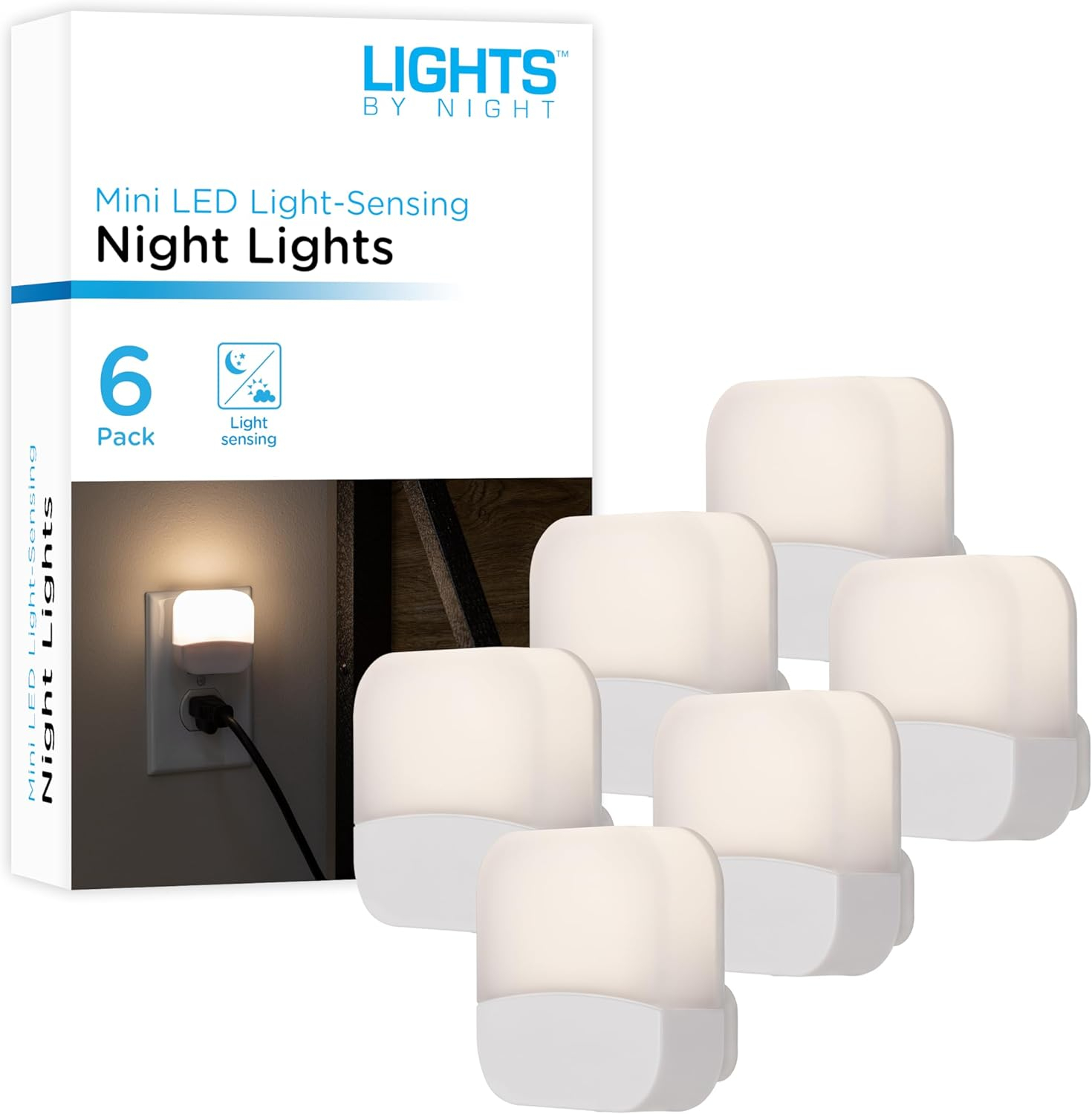Lights by Night LED Night Light, Plug-in, Dusk to Dawn Sensor, Home Decor, Compact, Mood Lighting, Ambient Lighting, Ideal for Kids Bedroom, Bathroom, Kitchen, Hallway, 58802, 6 Pack, White