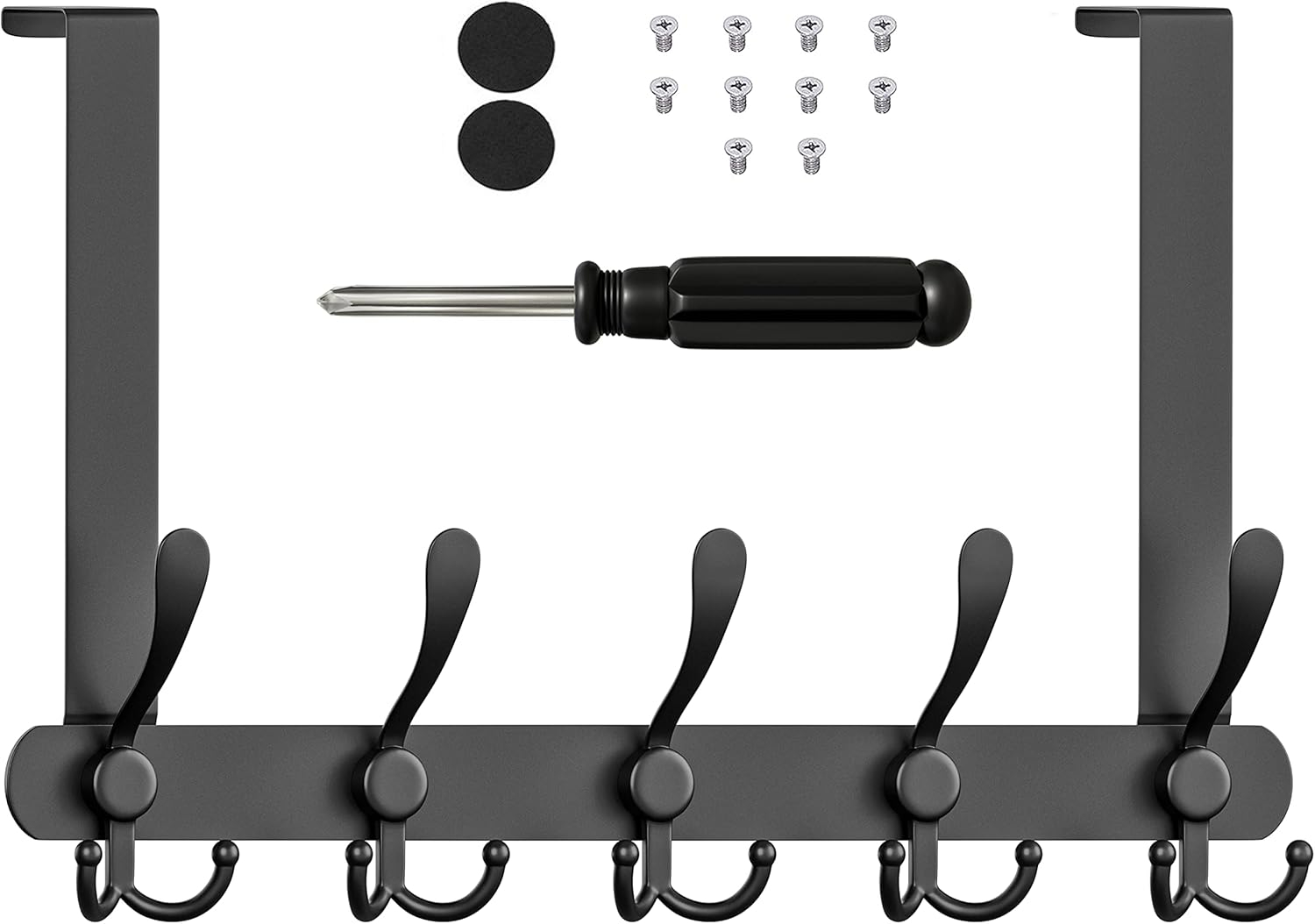 Matte Black Over The Door Hooks - Heavy Duty Stainless Steel Door Hanger Holder with 5 Tri Hooks for Hanging Coat Robe Hat Bag Towel Rack Bathroom, Bedroom, Closet – 1 Pack