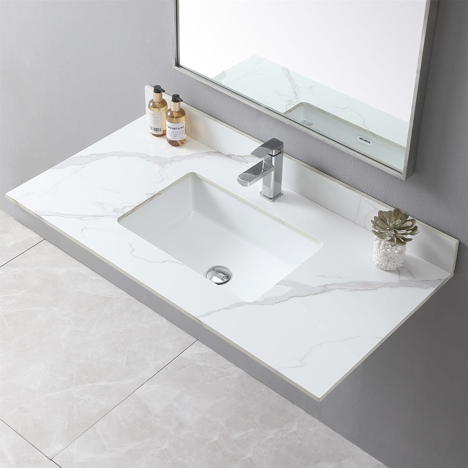 43" Bathroom Vanity Top with Ceramic Undermount Sink & Backsplash,Carrara Gold Sintered Stone Counter Top, Single Hole Vanity Sink Top