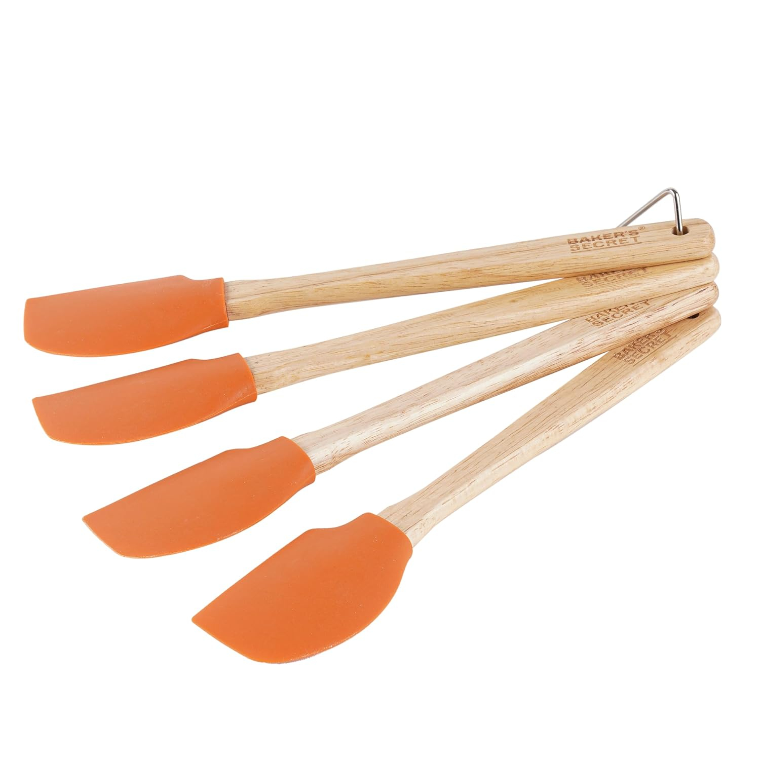 Baker's Secret - 4pcs Silicone Spatula set 12", Wooden Handle with Hanger, Cake Decoration Pastry Preparation, Baking Utensils - Orange