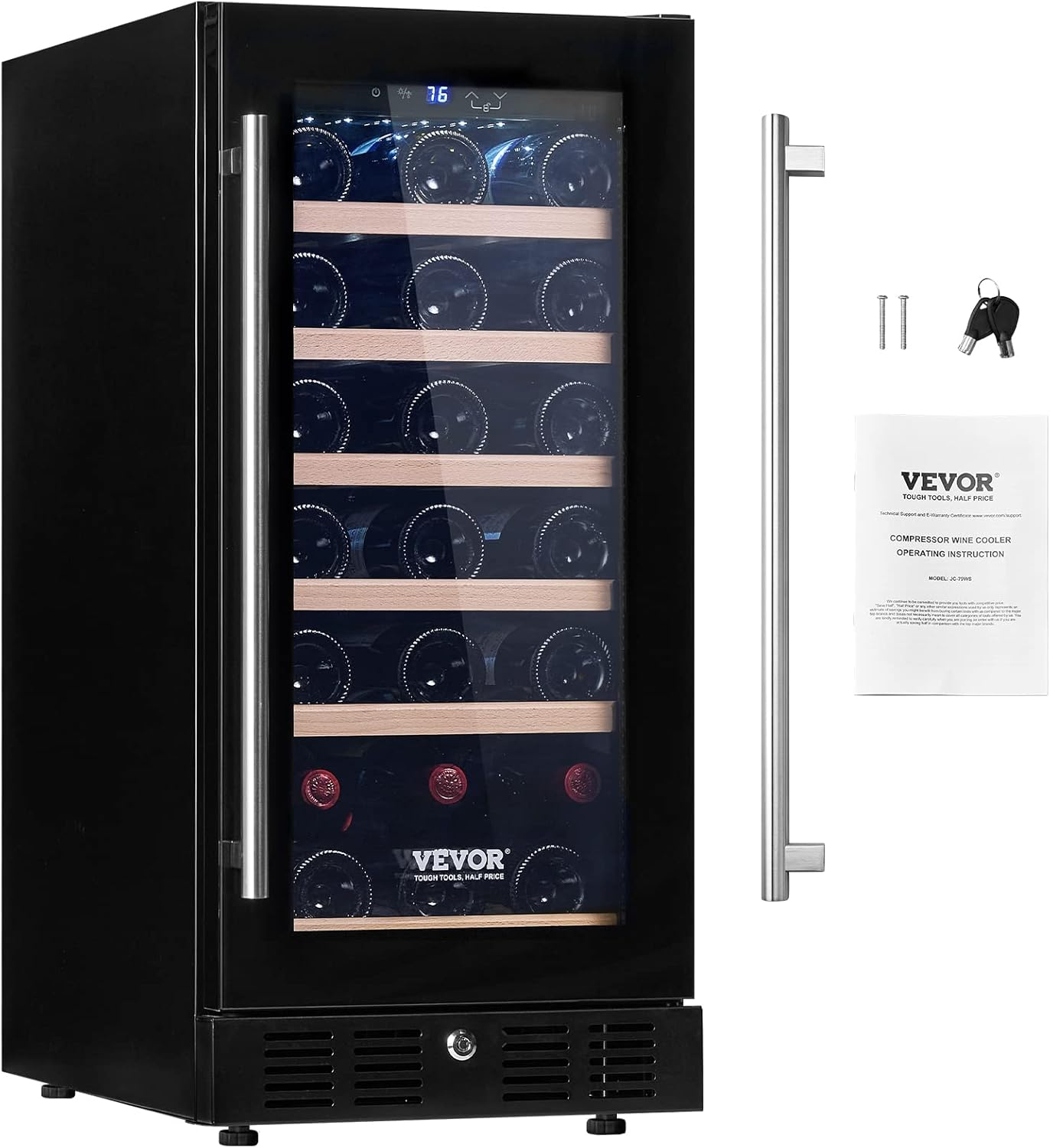 VEVOR Wine Cooler, 30 Bottles Capacity Under Counter Built-in or Freestanding Wine Refrigerator, Beverage Cooler with Blue LED Light, Single Door, Child Lock for Drink Beer Soda Wine Water, ETL Listed