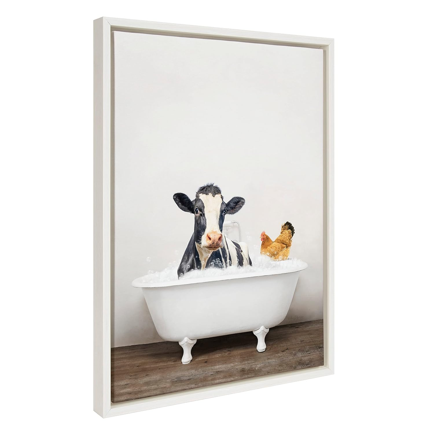 Kate and Laurel Sylvie Cow and Chicken in Rustic Bath Framed Canvas Wall Art by Amy Peterson Art Studio, 18x24 White, Modern Fun Decorative Bathtub Wall Art for Home Décor