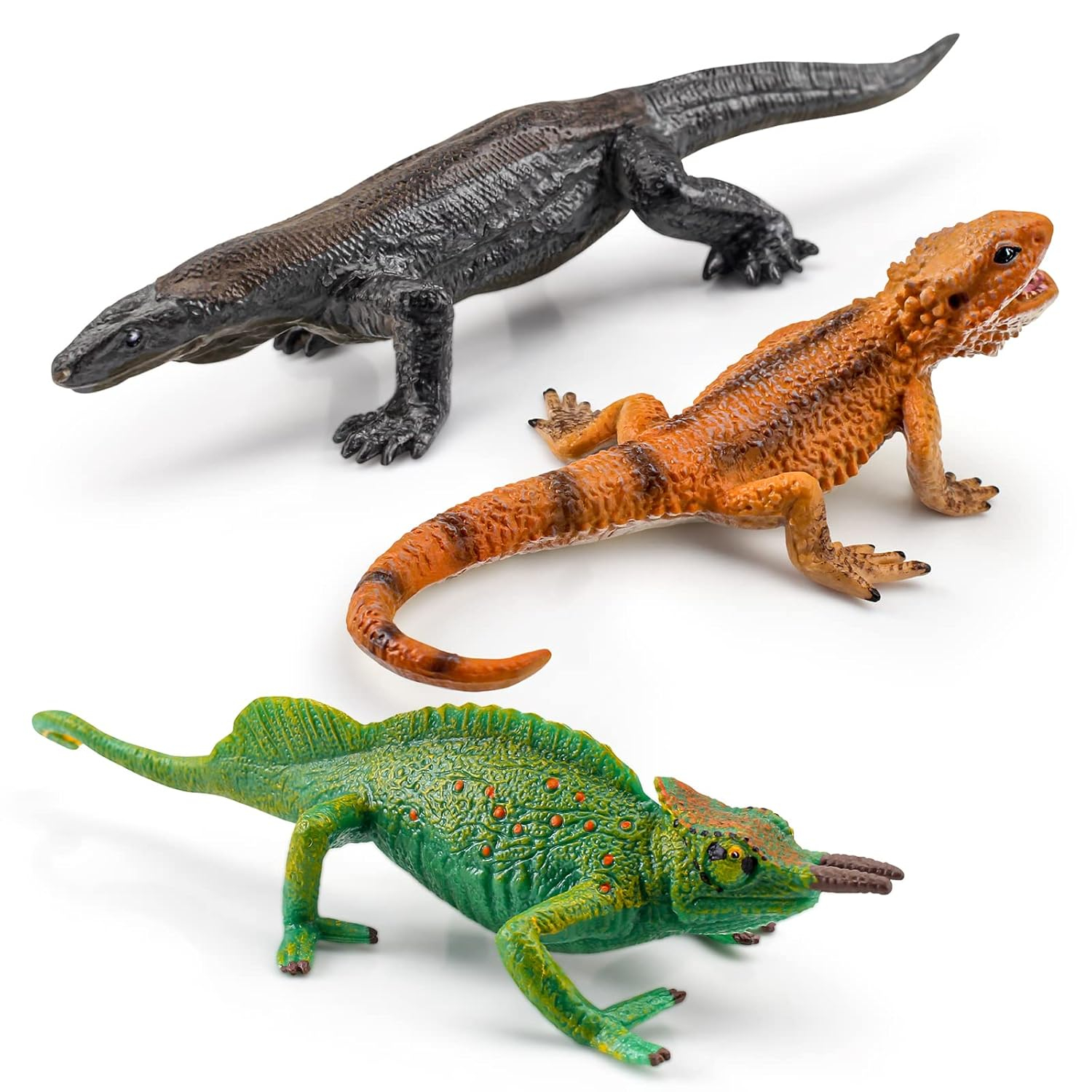 3PCS Plastic Lizard Figure Bearded Dragon Toy Forest Chameleon Woodland Animal Figurines Toys Set Plastic Animals Figure Gift for Kids Birthday 3 4 5 6 Year Old