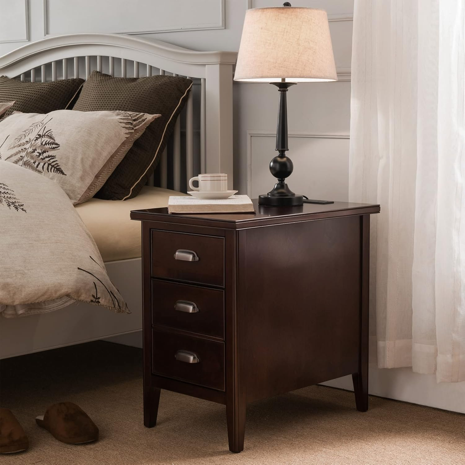 Traditional Brown Lacquered Hardwood End Table with Storage