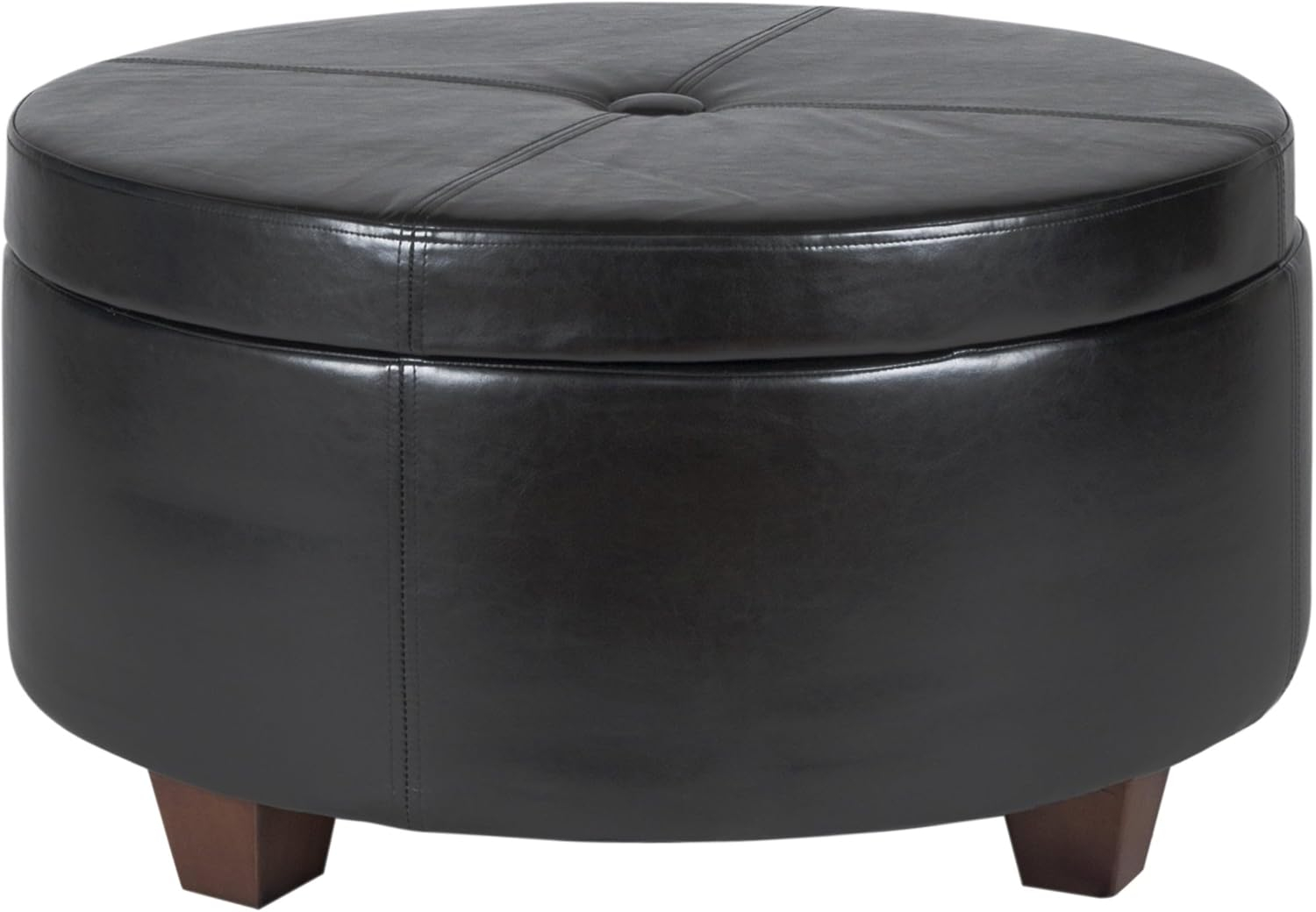 Leatherette Single Button Tufted Round Ottoman with Wooden Feet, Large, Black and Brown