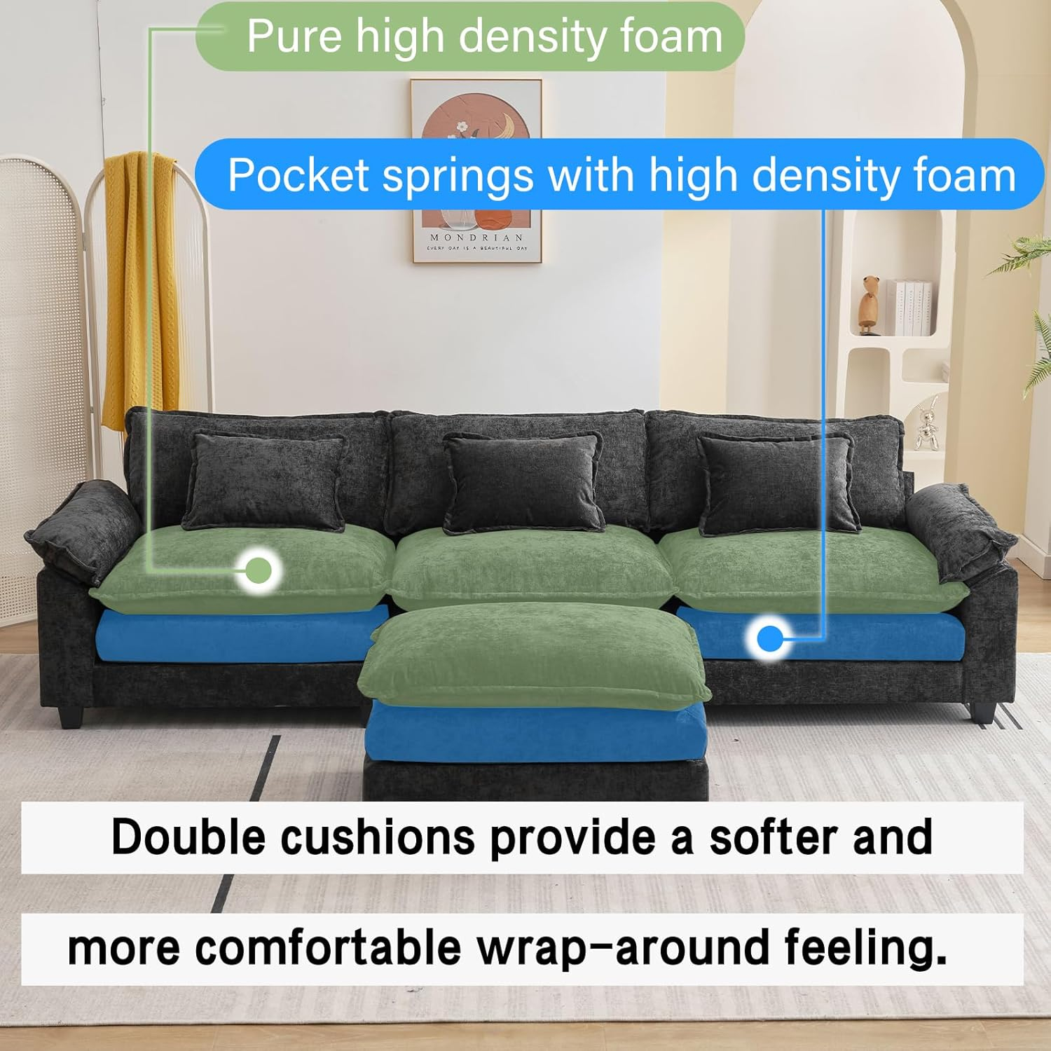L Shape Sofa Comfy Sectional Cloud Couch for Living Room with Pillows, Modern Chenille Sofa Sleeper Deep Couches with Ottoman (Black, 4-Seat)
