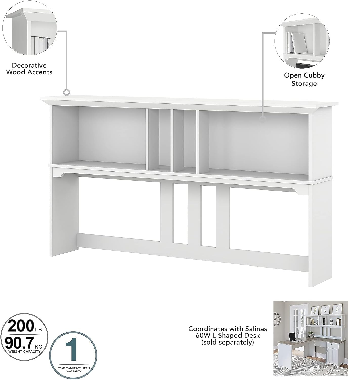 Bush Furniture Salinas Farmhouse 60W Hutch with Storage in Shiplap Gray and White - fits L Shaped Desk (sold separately)
