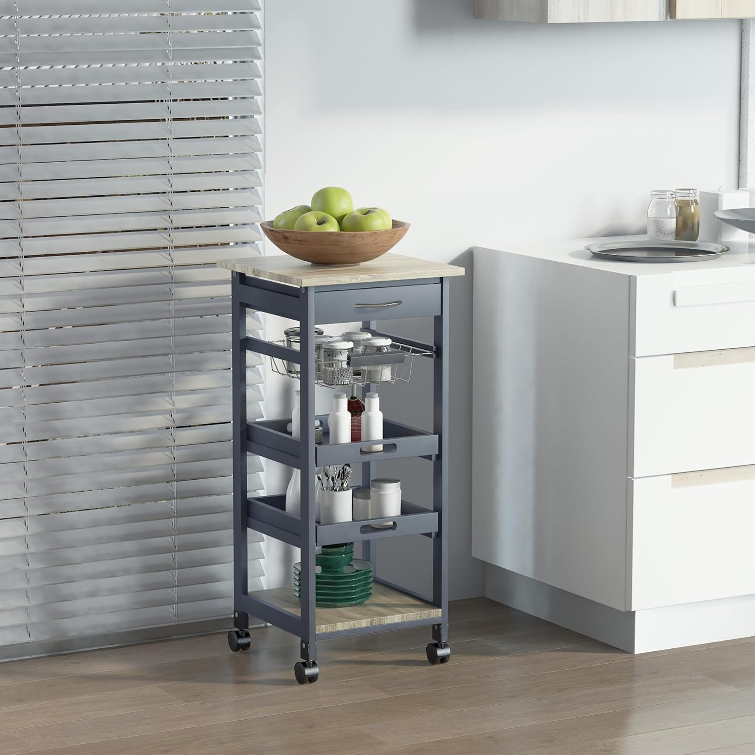 HOMCOM Mobile Rolling Kitchen Island Trolley Serving Cart with Underneath Drawer & Slide-Out Wire Storage Basket, Grey