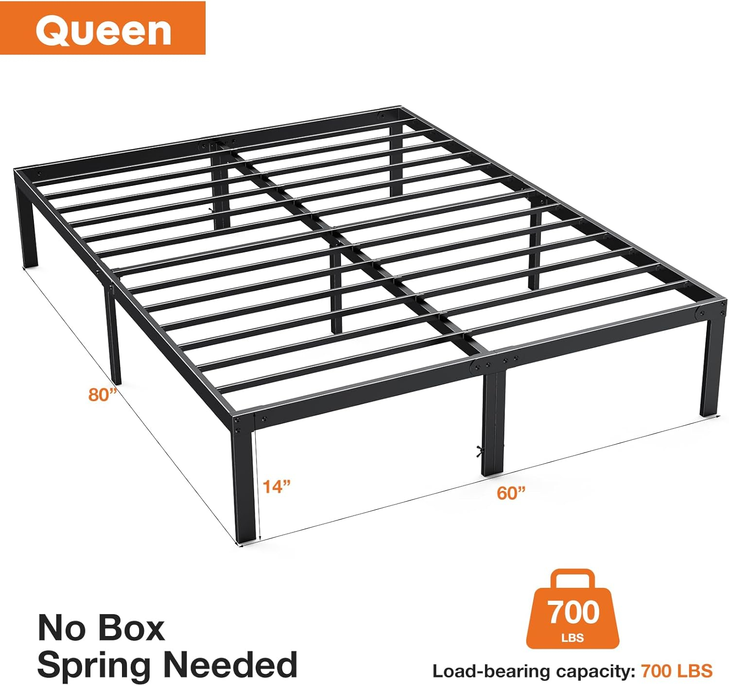 Queen Size Black Metal Bed Frame with Storage and Slats