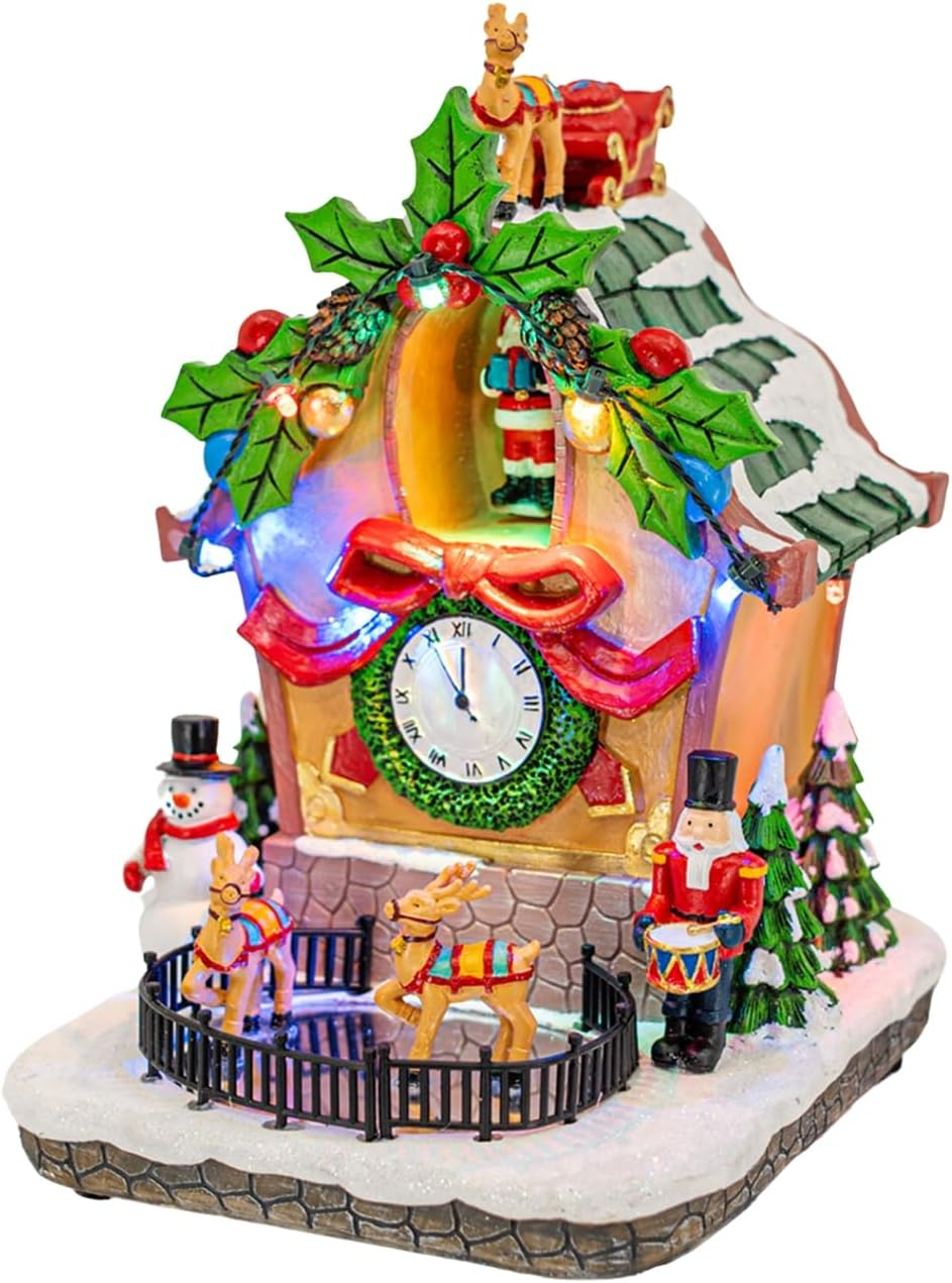 FG Square Holiday Cuckoo Clock Santa Reindeer LED Lighted Animated Christmas Village with Sound and Motion 6" x 6" x 8"