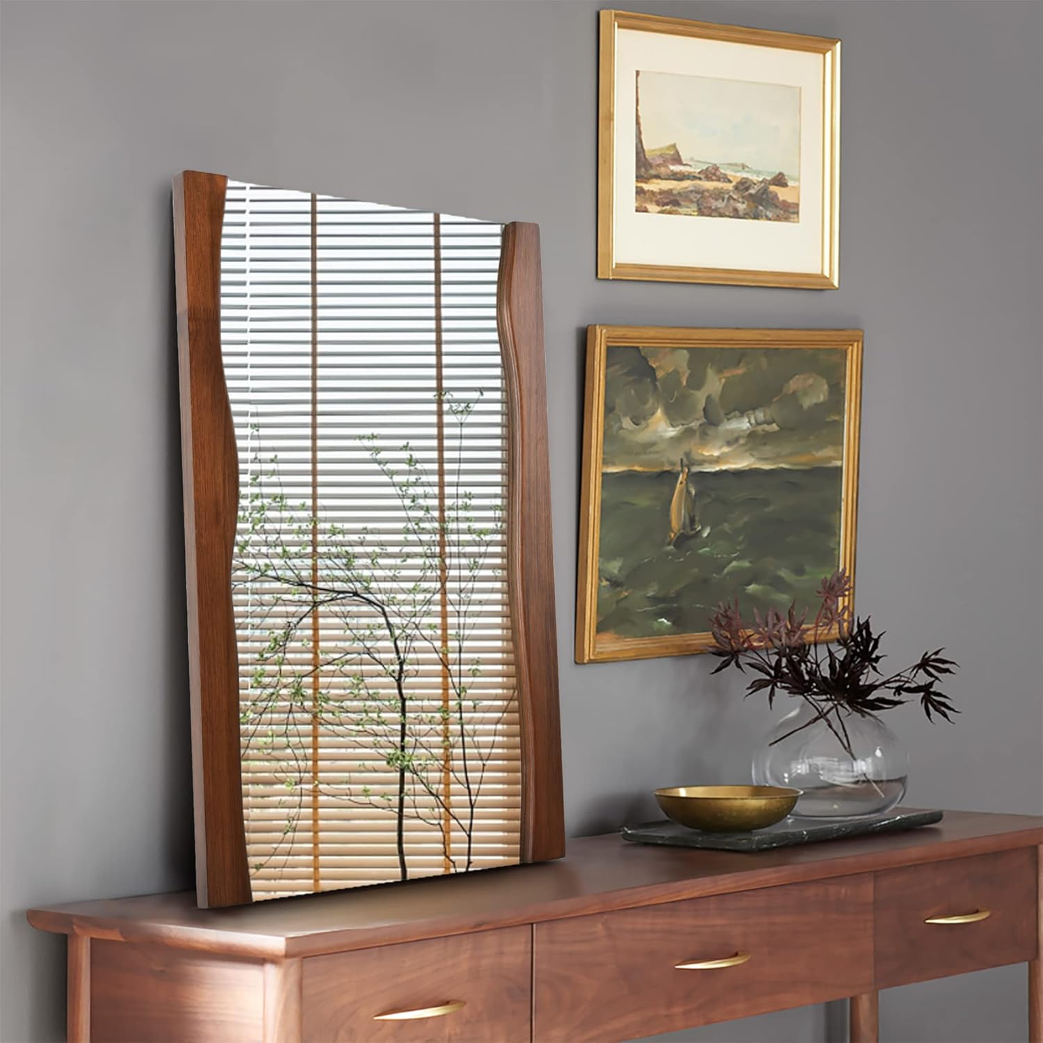 Tanmicoshomy Rectangle Wood Bathroom Mirror with Live Edge Wooden Frame, Asymmetrical Mirror 20 x 28 Inch for Bedroom, Living Room or Entryway