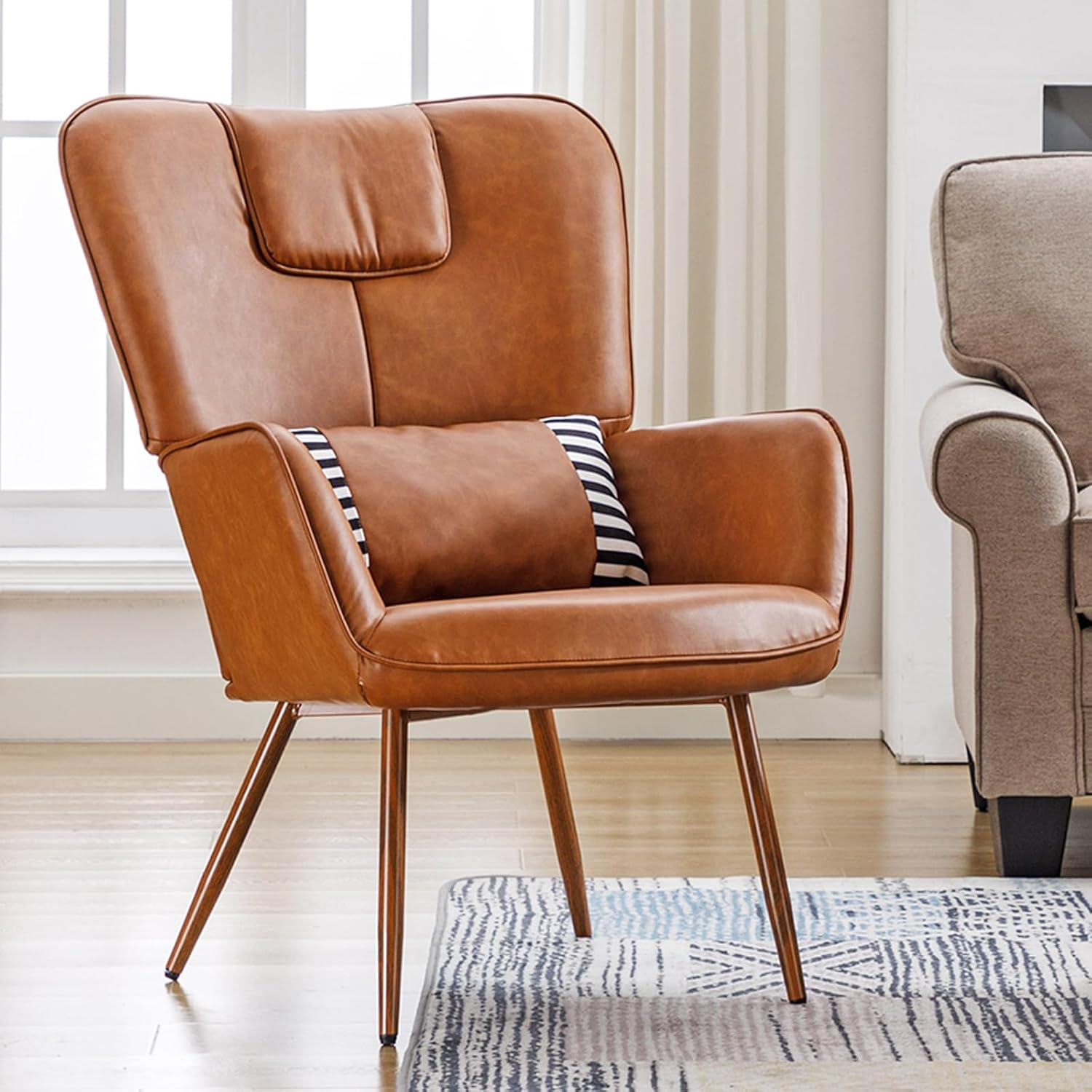 Faux Leather Wingback Chair, Arm Chair, Upholstered Living Room Chairs, Brown Accent Chair, Accent Chairs for Living Room, Bedroom, Office and Study