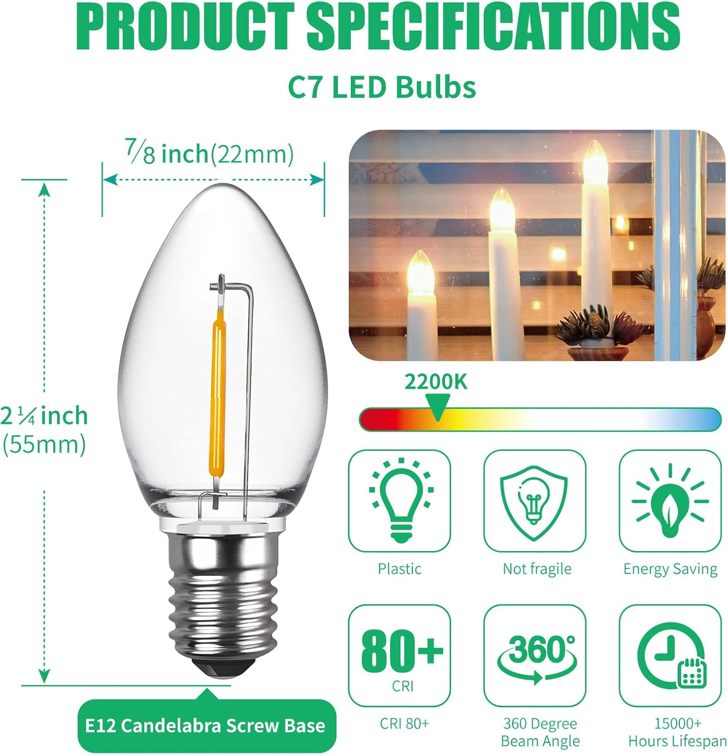 Meconard C7 LED Replacement Christmas Light Bulbs, C7 Shatterproof LED Bulbs for Christmas Indoor Outdoor String Lights, E12 Candelabra Base, Commercial Grade Holiday Bulbs, Warm White, 25 Pack