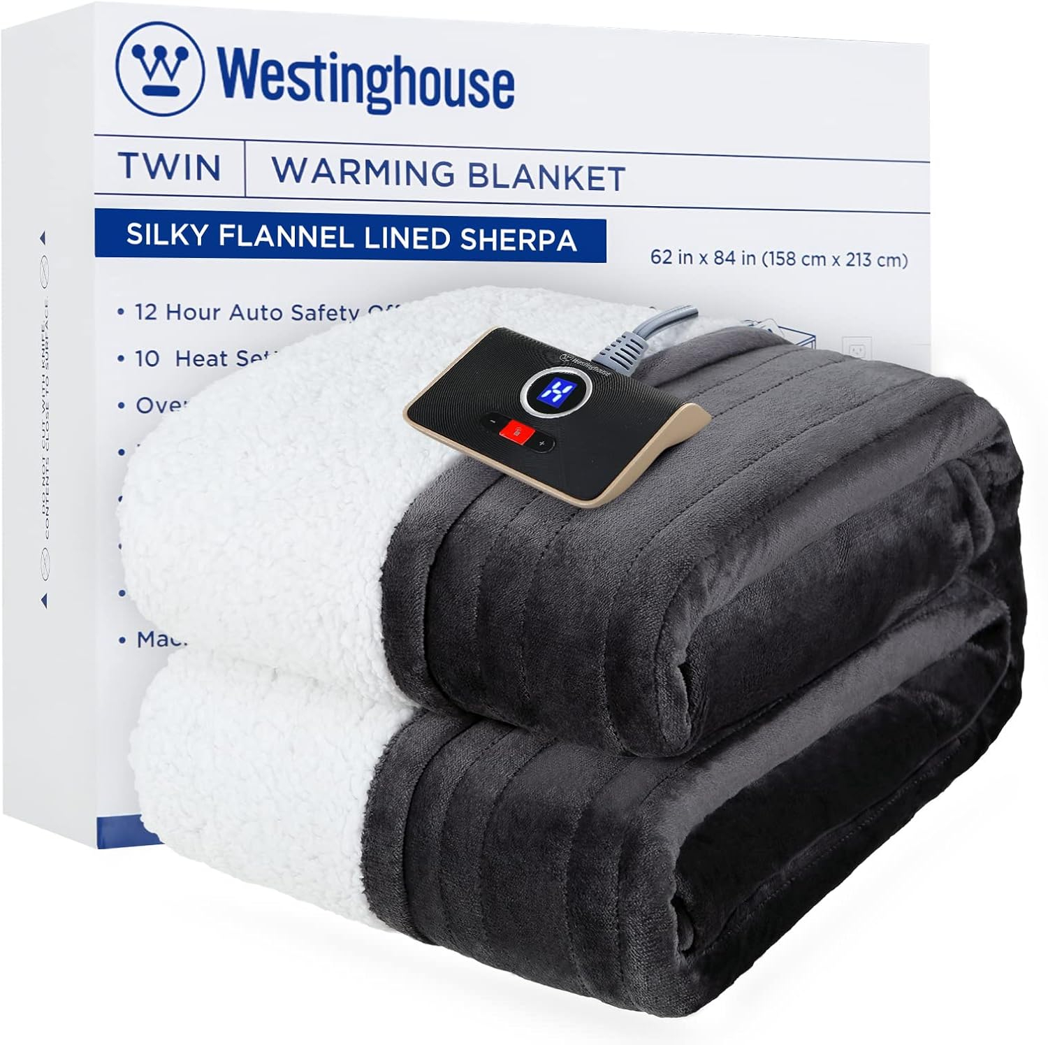 Westinghouse Heated Blanket Twin Size, Soft Flannel to Sherpa Electric Blanket with 10 Heating Levels, 12 Hours Auto Off, Fast Heating, Machine Washable, 62x84 Inch, Charcoal