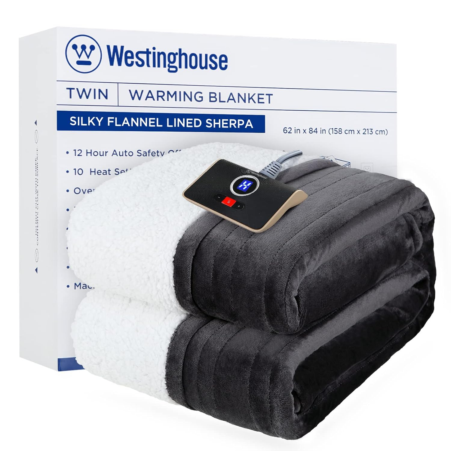 Westinghouse Heated Blanket Twin Size, Soft Flannel to Sherpa Electric Blanket with 10 Heating Levels, 12 Hours Auto Off, Fast Heating, Machine Washable, 62x84 Inch, Charcoal