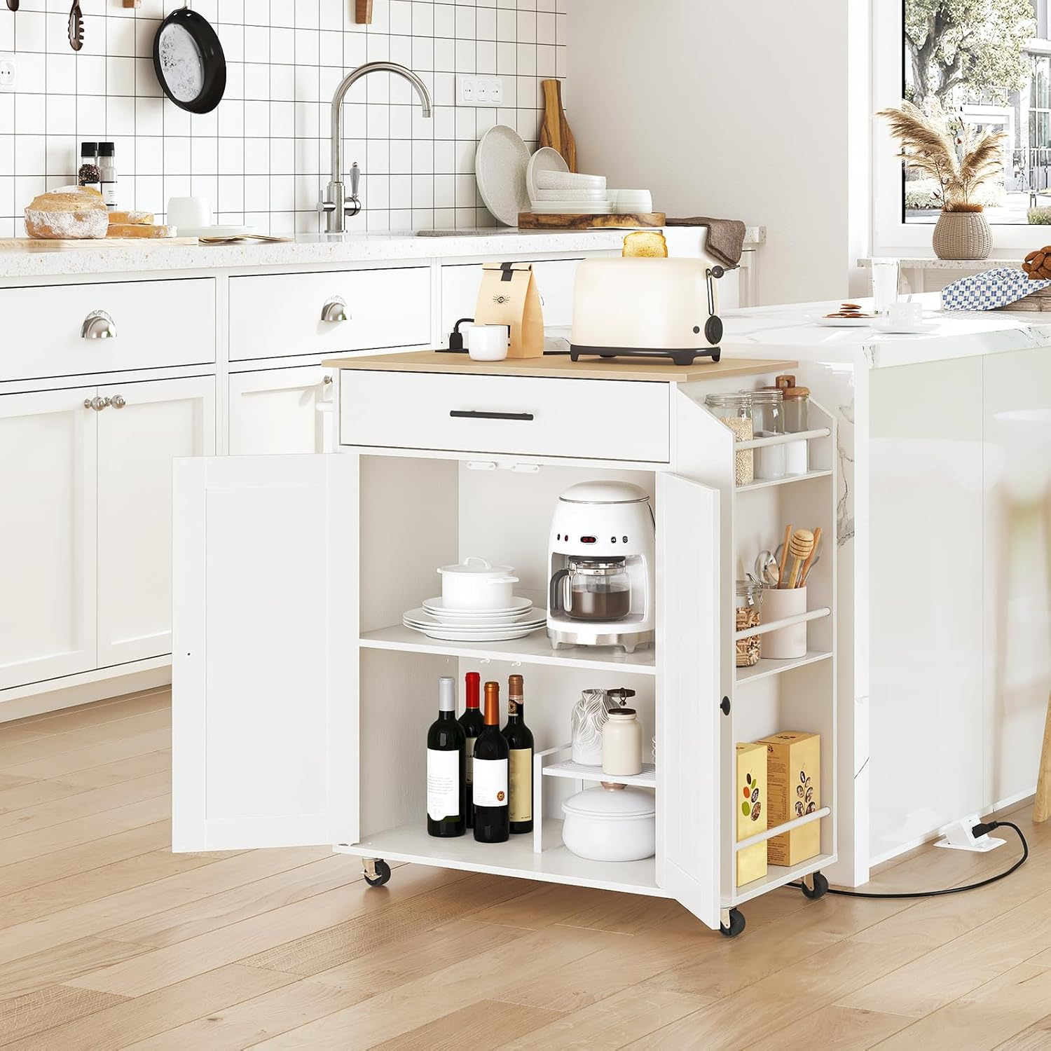 Kitchen Island Cart Kitchen Island on Wheels with Spice Rack, Towel Rack and 5 Drawers, Rolling Mobile Kitchen Island with Door Storage Cabinets, 4 Locking Wheels and Rubber Wood Top, White
