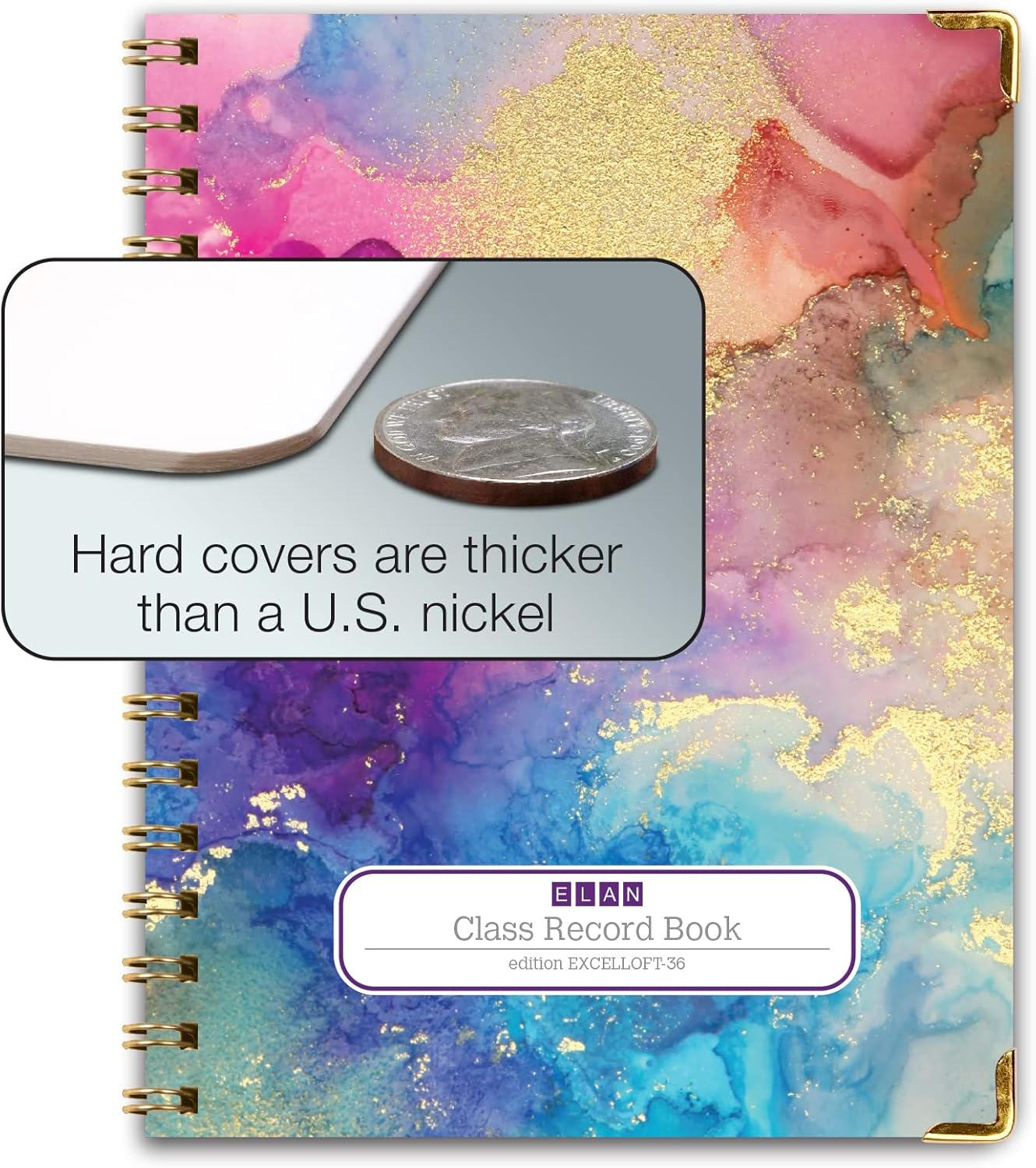 Elan Publishing Company HARDCOVER 6 Period Teacher Lesson Plan - Days Vertically Down The Side with Bonus Clip-in Bookmark (Rainbow Gold Marble)