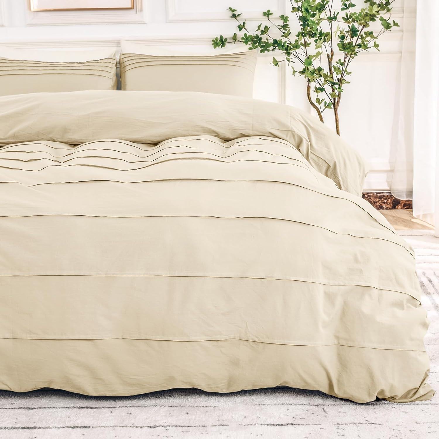 NEXHOME PRO Duvet Cover Set 100% Washed Cotton Oversized Queen 98"x98", Organic Natural Linen Look Textured 3 Pieces Bedding Set Apricot Yellow with Zipper Closure, Breathable, Soft (No Comforter)