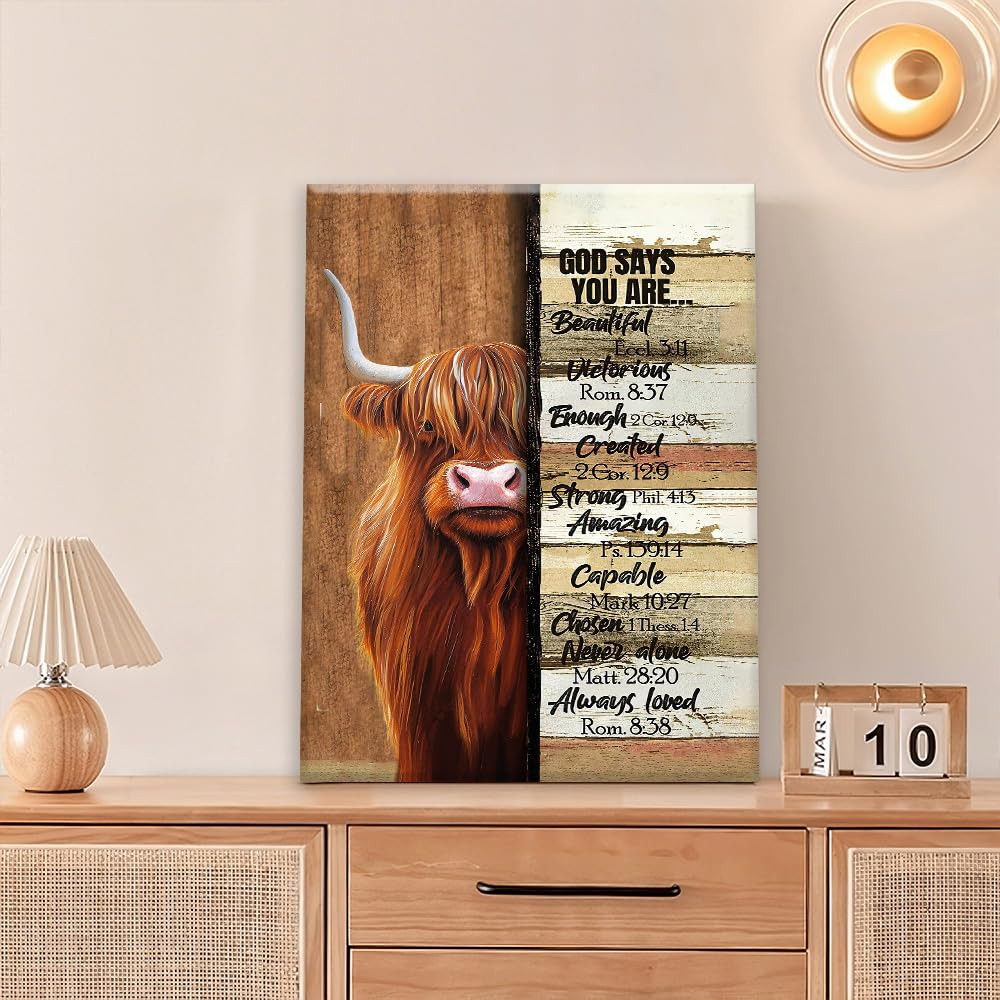 Farmhouse Highland Cow Decor Wall Art Farm Cow Inspirational Quotes God Says You are Pictures Wall Decor Canvas Painting Prints Artwork Decorations Framed for Bathroom Bedroom Kitchen 12"x16"