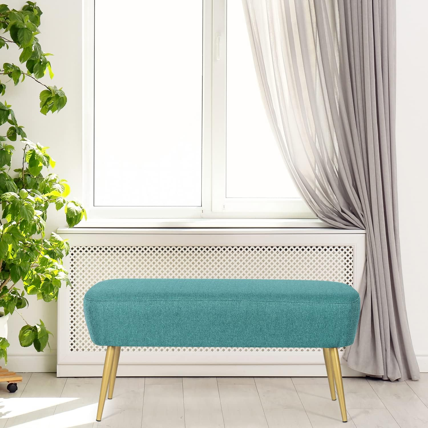 Adeco Upholstered Line PeacockGgreen Ottoman, 35 inch, End of Bed Footrest Stool with Golden Metal Legs for Bedroom, Living Room Entryway Bench, Peacock Green (KX0167-6)