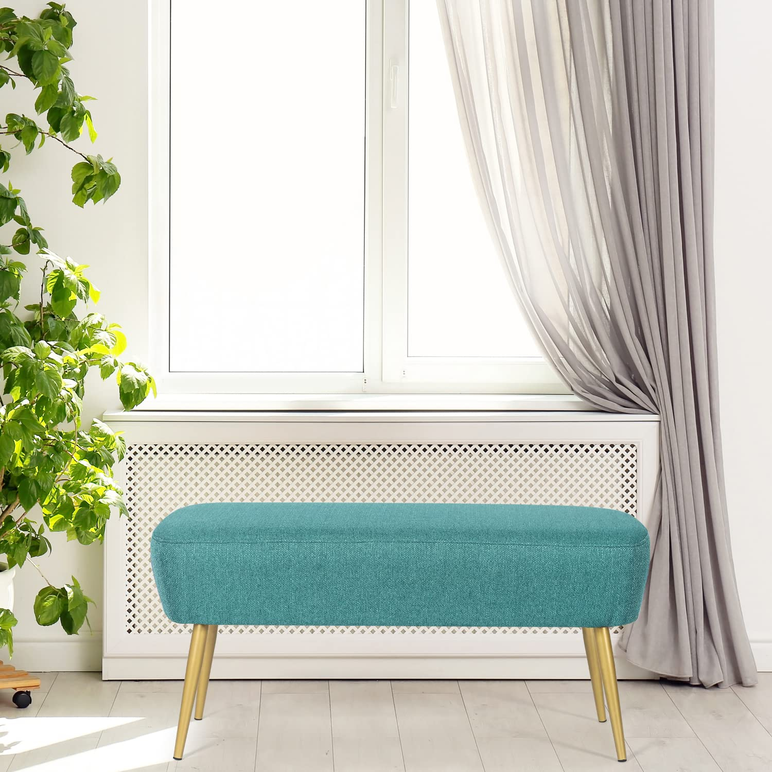 Adeco Upholstered Line PeacockGgreen Ottoman, 35 inch, End of Bed Footrest Stool with Golden Metal Legs for Bedroom, Living Room Entryway Bench, Peacock Green (KX0167-6)