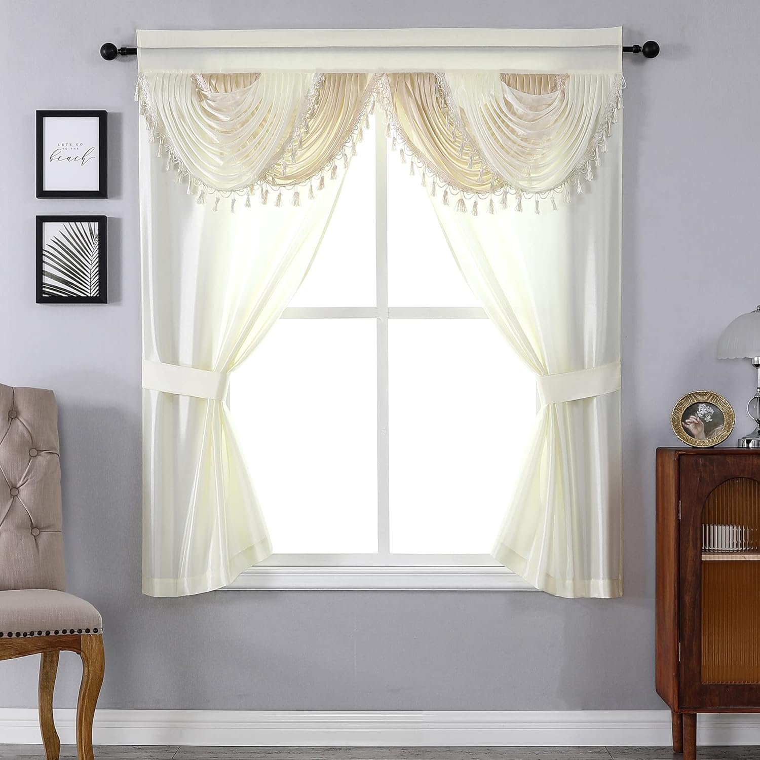 Regal Home Collections Amore Curtains 5-Piece Window Curtain Set - 54-Inch W x63-Inch L Panels with Attached Valance and 2 Tiebacks (Beige)