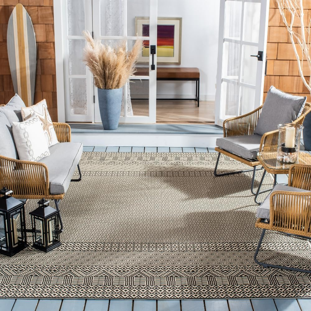 SAFAVIEH Courtyard Naomi Aztec Indoor/Outdoor Area Rug, 9' x 12', Beige/Black