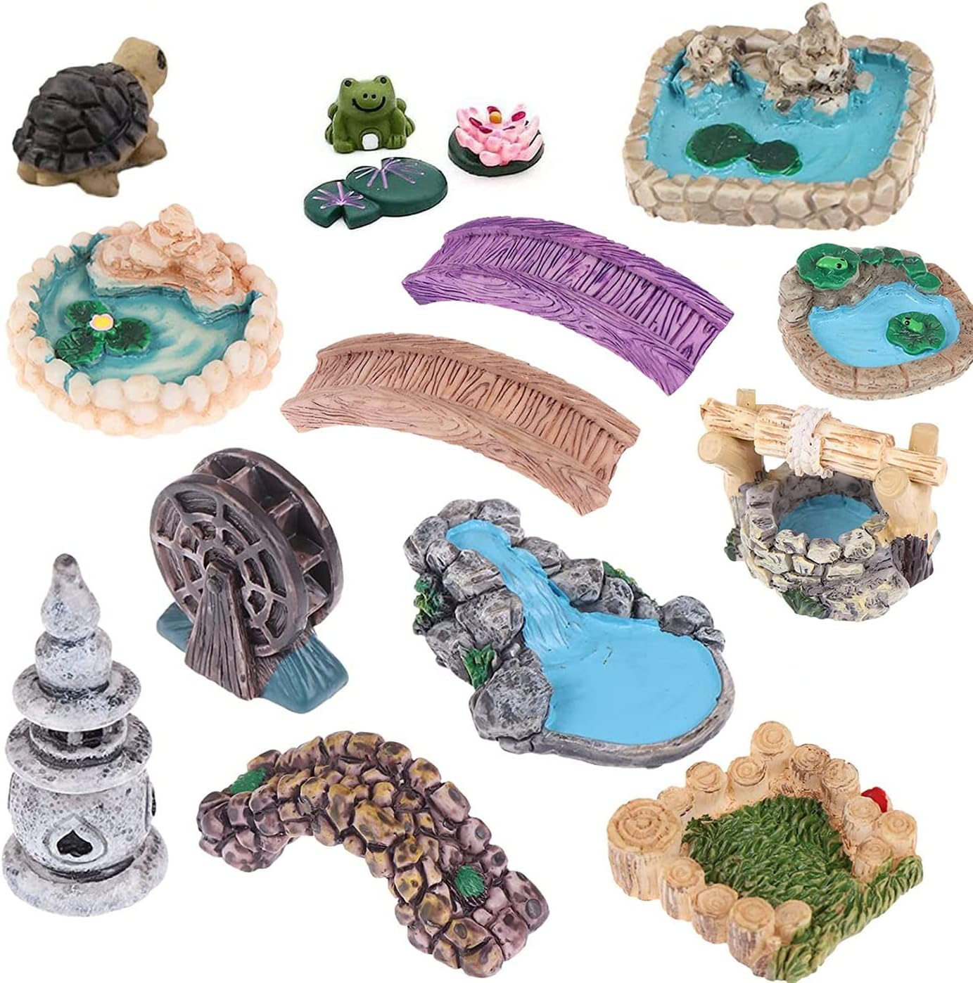 Miniature Fairy Garden Accessories Outdoor - 15 Pieces DIY Crafts Kit for Dollhouse Plants Bonsai Decoration, Pond Bridge Water Well Figurines Mini Lawn Garden Ornament for Micro Landscape Yard