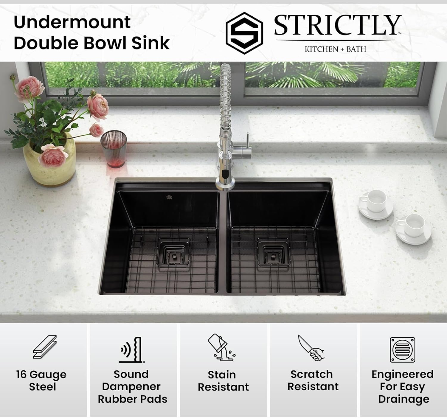 32" Black Stainless Steel Double Bowl Workstation Sink with Accessories