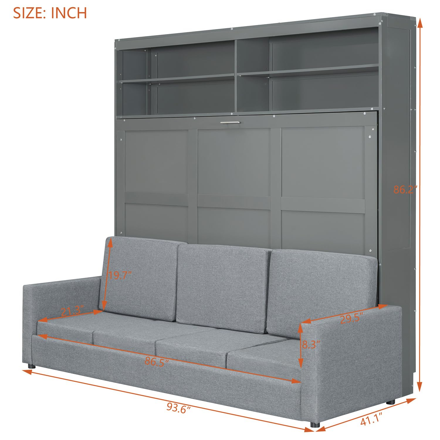 Harper & Bright Designs Queen Murphy Bed with Couch and Storage Shelves, Wood Murphy Bed Cabinet with Storage and Sofa, Folding Murphy Wall Bed Cabinet, Gray