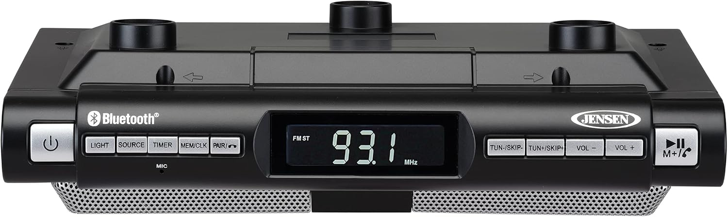 Jensen Modern Wireless Under Cabinet Kitchen Universal Bluetooth Music System, FM Radio, Clock LCD Digital Display, Built-in Hands-Free Mic & Speakers (Includes Mounting Hardware)