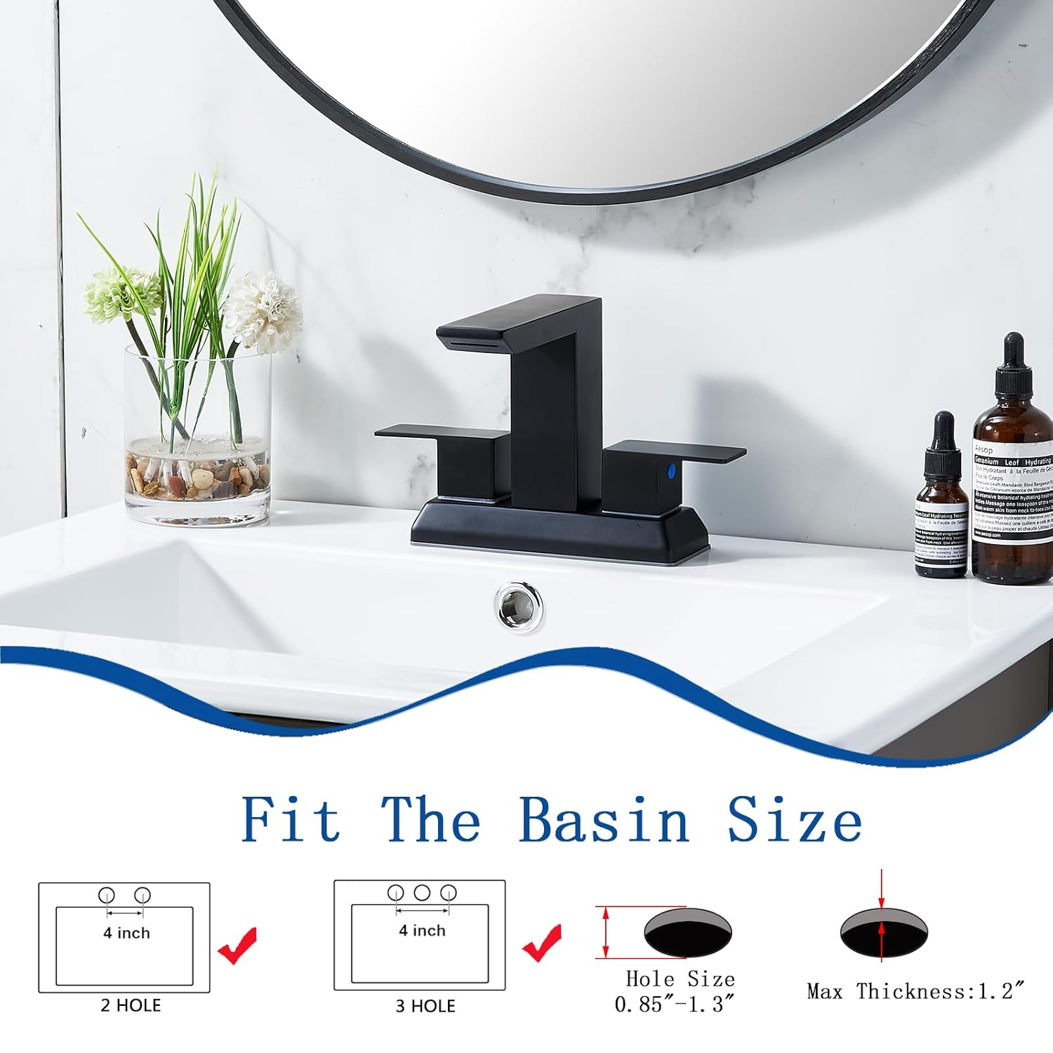 SHACO Black 4 Inch Centerset Bathroom Faucets 3 Hole or 2 Hole, Matte Black 2 Handle Waterfall Vanity Faucet, Lavatory Mixer Tap RV Sink Faucet with Overflow Pop Up Drain and Hose, SC-ZT907B-NEW1