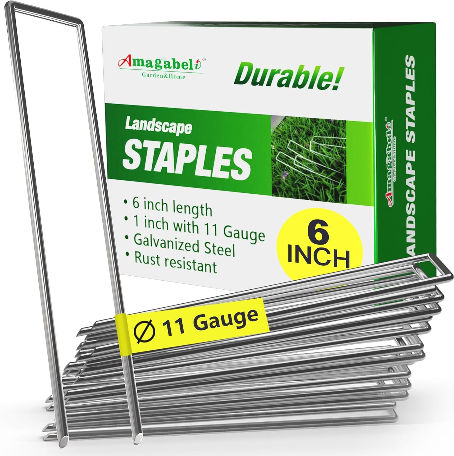 Amagabeli 6 Inch Galvanized Landscape Staples 50 Pack 11 Gauge Garden Stakes Sod Pins Anti-Rust Fence Stakes for Weed Barrier Fabric Ground Cover Dripper Irrigation Tubing Soaker Hose