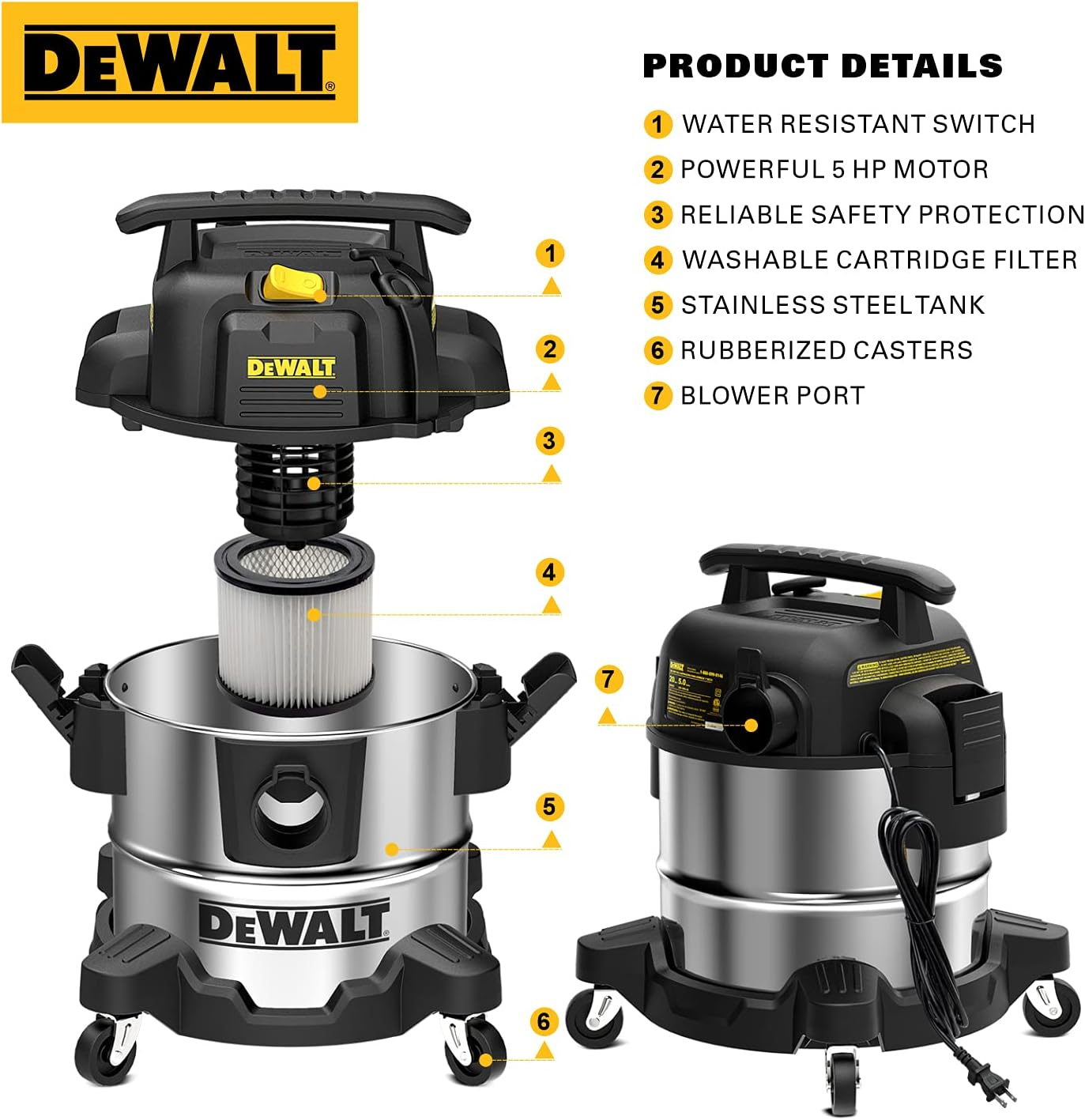DEWALT DXV05S 5 Gallon Stainless Steel Wet/Dry Vac, 4 Peak HP Shop Vacuums with Attachments, Powerful Suction, 1-7/8" Hose, DXV05S, Silver