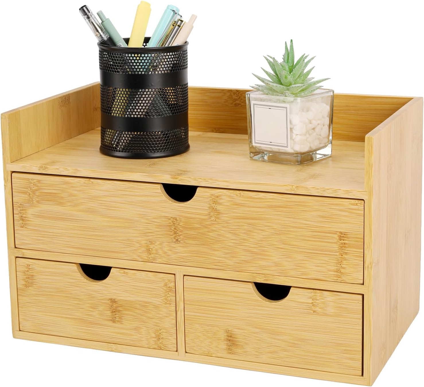 Bamboo Desk Organizer with 3 Drawers, Countertop Organizer with Drawers Makeup Storage Drawer 3 Drawers Tabletop Storage Organization Box Home Office Workspace