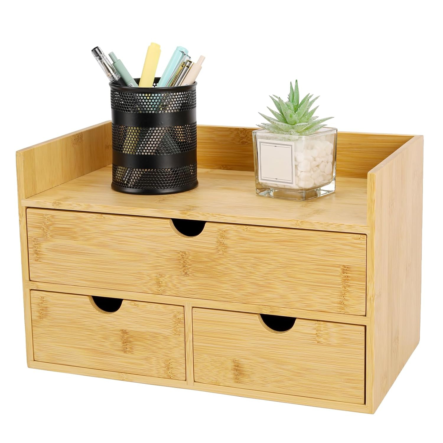 Bamboo Desk Organizer with 3 Drawers, Countertop Organizer with Drawers Makeup Storage Drawer 3 Drawers Tabletop Storage Organization Box Home Office Workspace