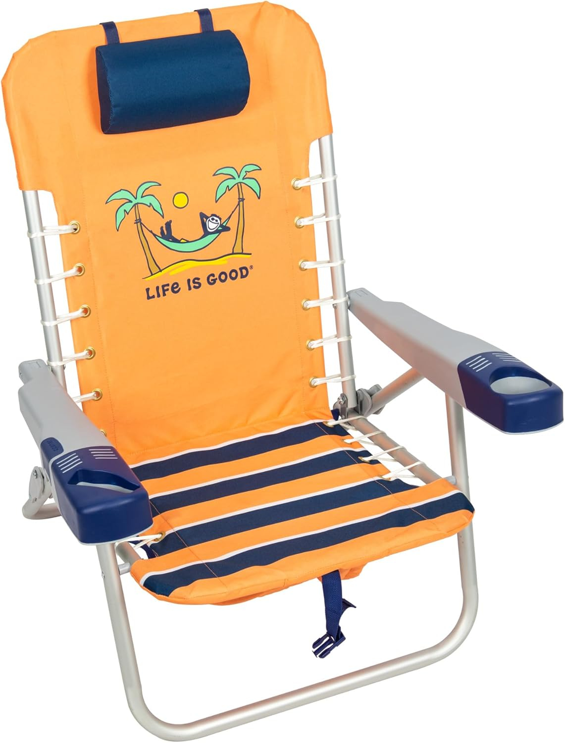 Life is Good 4-Position Backpack Pillow and Cup Holder Beach Chair, Canyon Orange