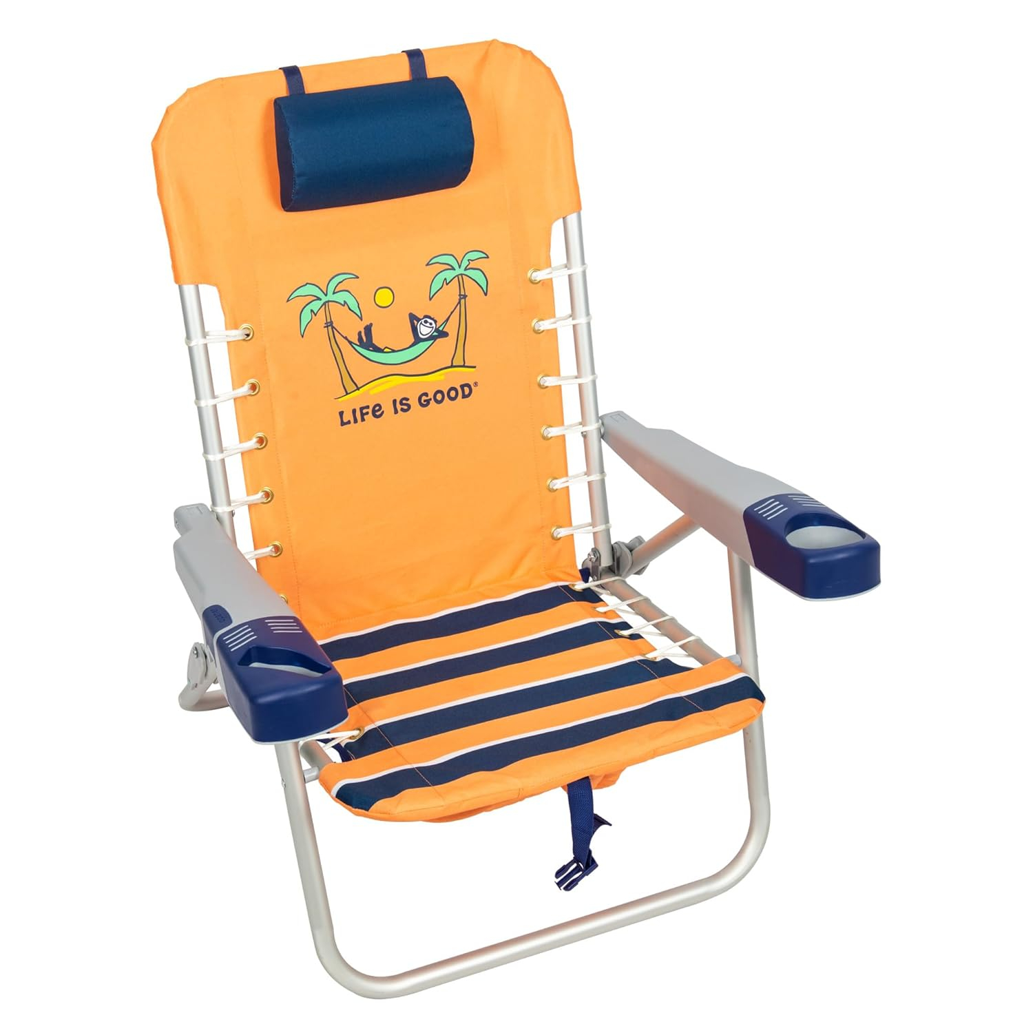 Life is Good 4-Position Backpack Pillow and Cup Holder Beach Chair, Canyon Orange