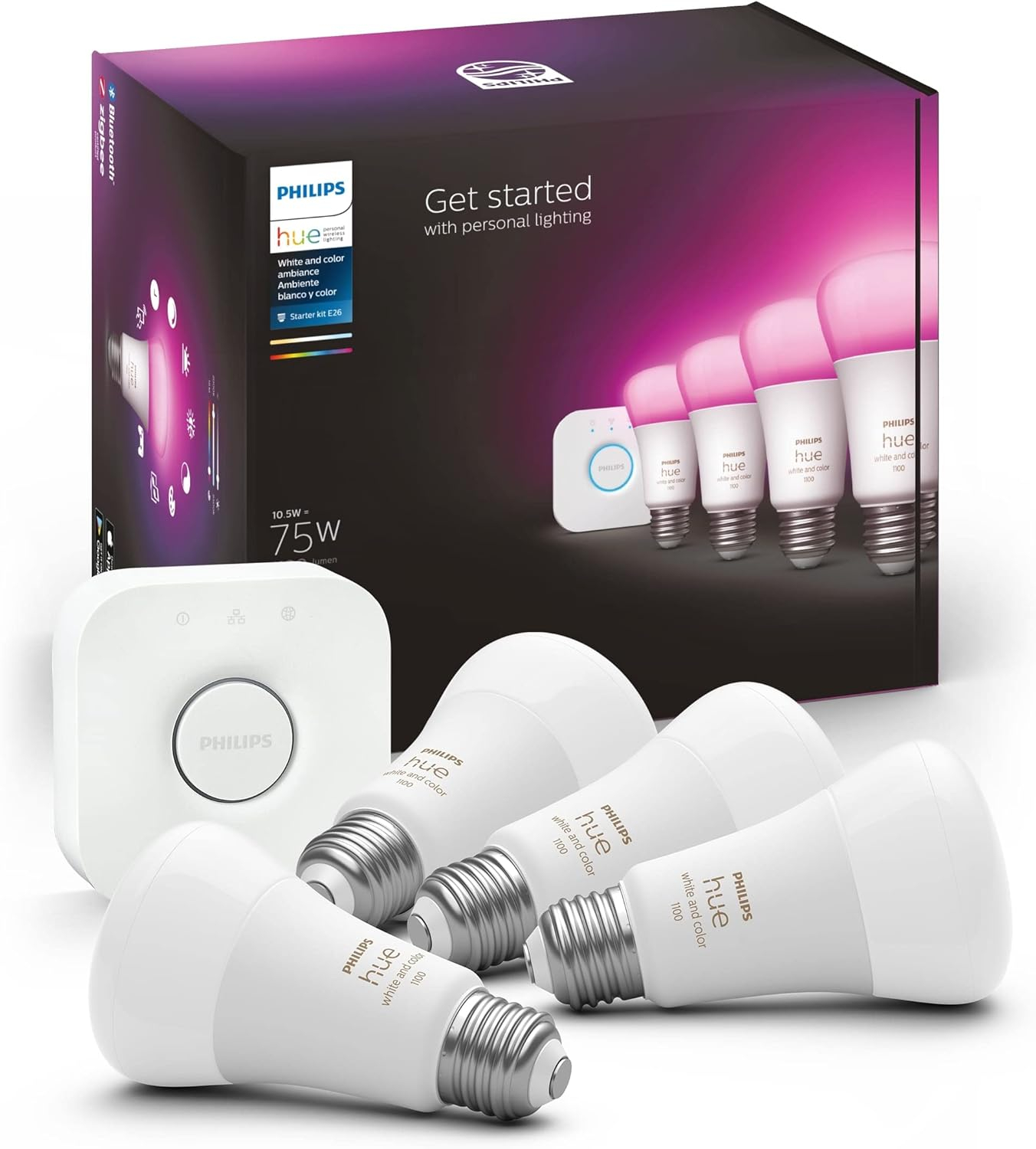 Philips Hue White and Color Ambiance 4 Pack A19 75W Smart LED Starter Kit