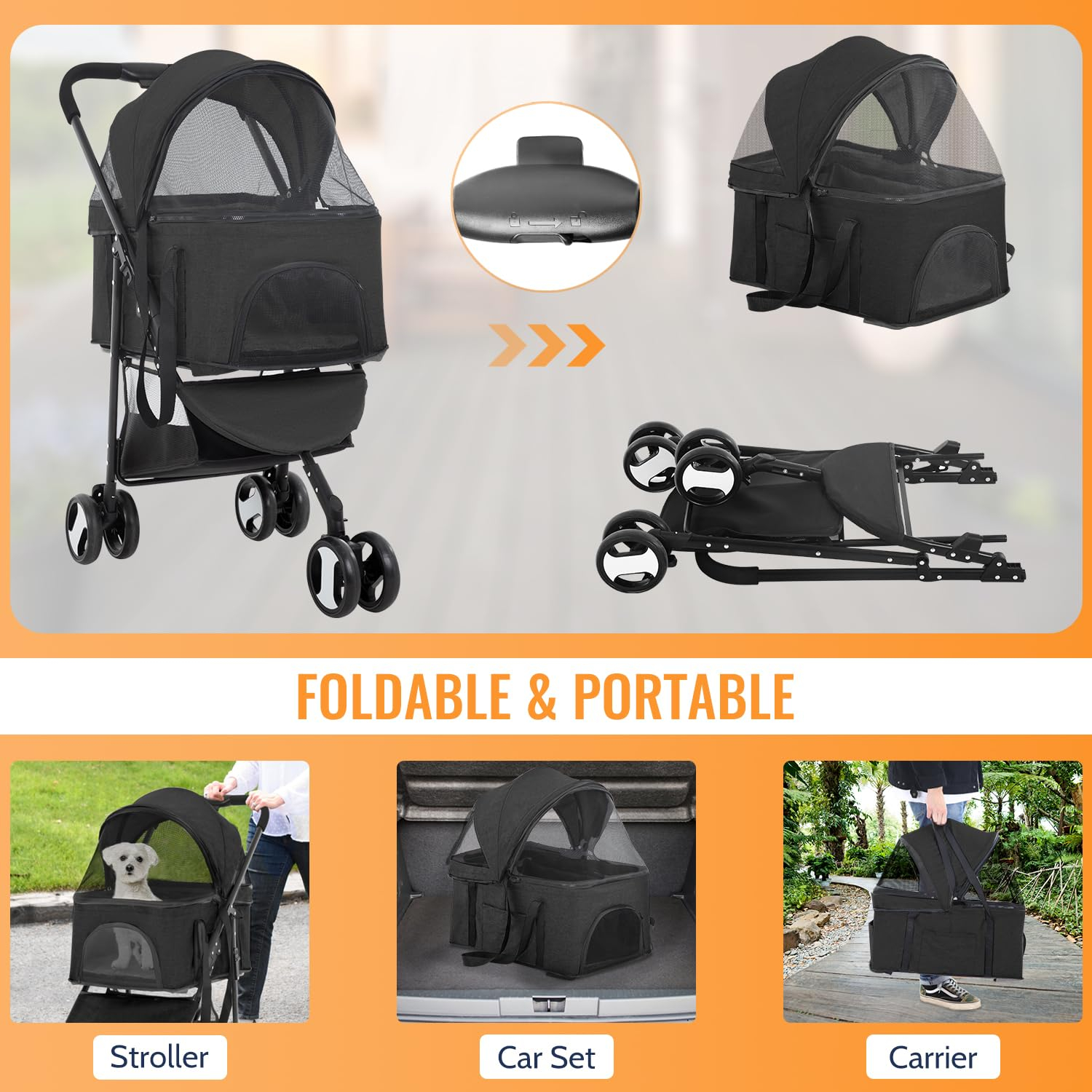 FDW Pet Stroller 3 in 1 Multi-Function Dog Stroller Jogging Stroller with Detachable Carrier, Lightweight Travel Stroller for Small and Medium-Sized Pets (Black, 3 Wheels)