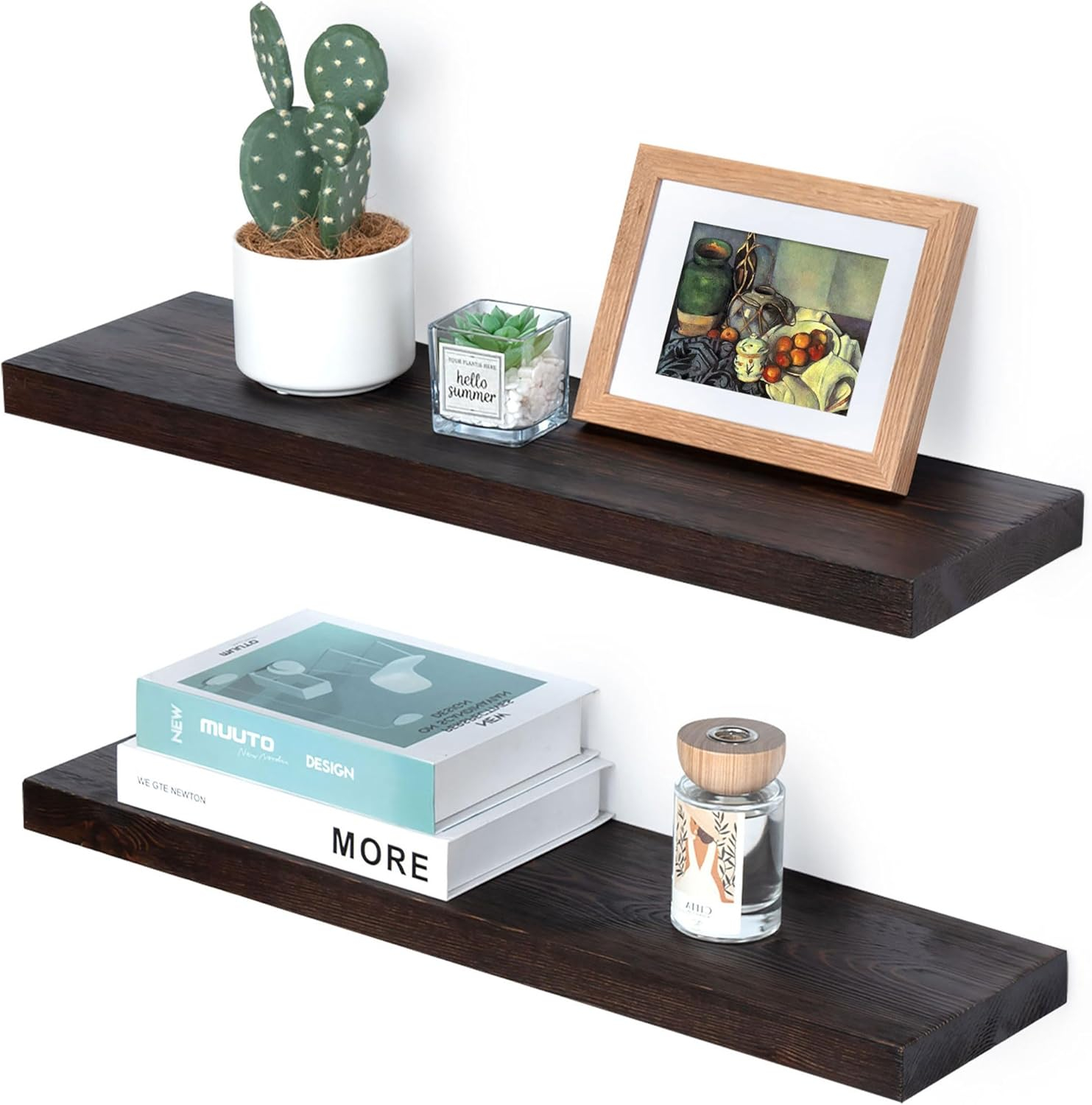 Marsmiles Wood Floating Shelves for Wall - 24 Inch Dark Wood Shelves Set of 2 - Dark Wooden Floating Shelves for Fireplace Living Room Bedroom