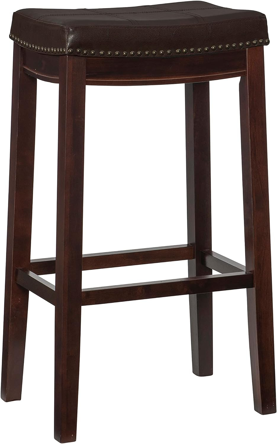 Linon Claridge Backless Wood Bar Stool, 32" Seat Height, Dark Brown Finish with Brown Faux Leather Fabric