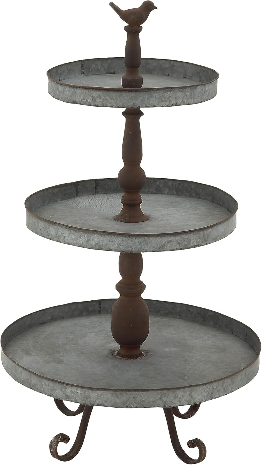 DecMode 16" x 28" Silver Metal Bird 3 Tiered Server with Scrolled Base, 1-Piece