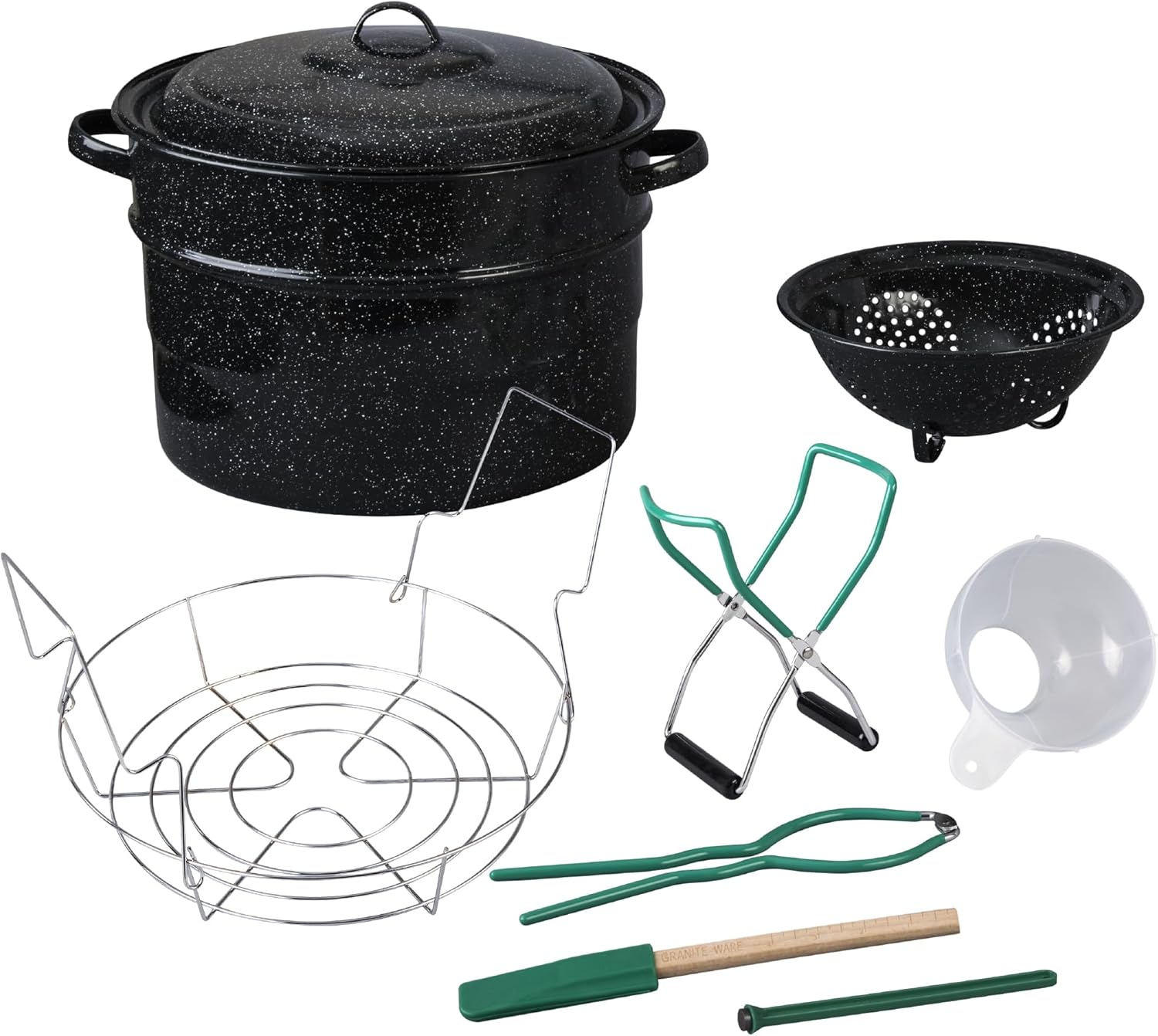 Granite Ware 9-Piece Enamelware Water Bath Canning Kit with 5 Essential Tools, Colander, and Rack – Complete Canning Supplies Starter Set