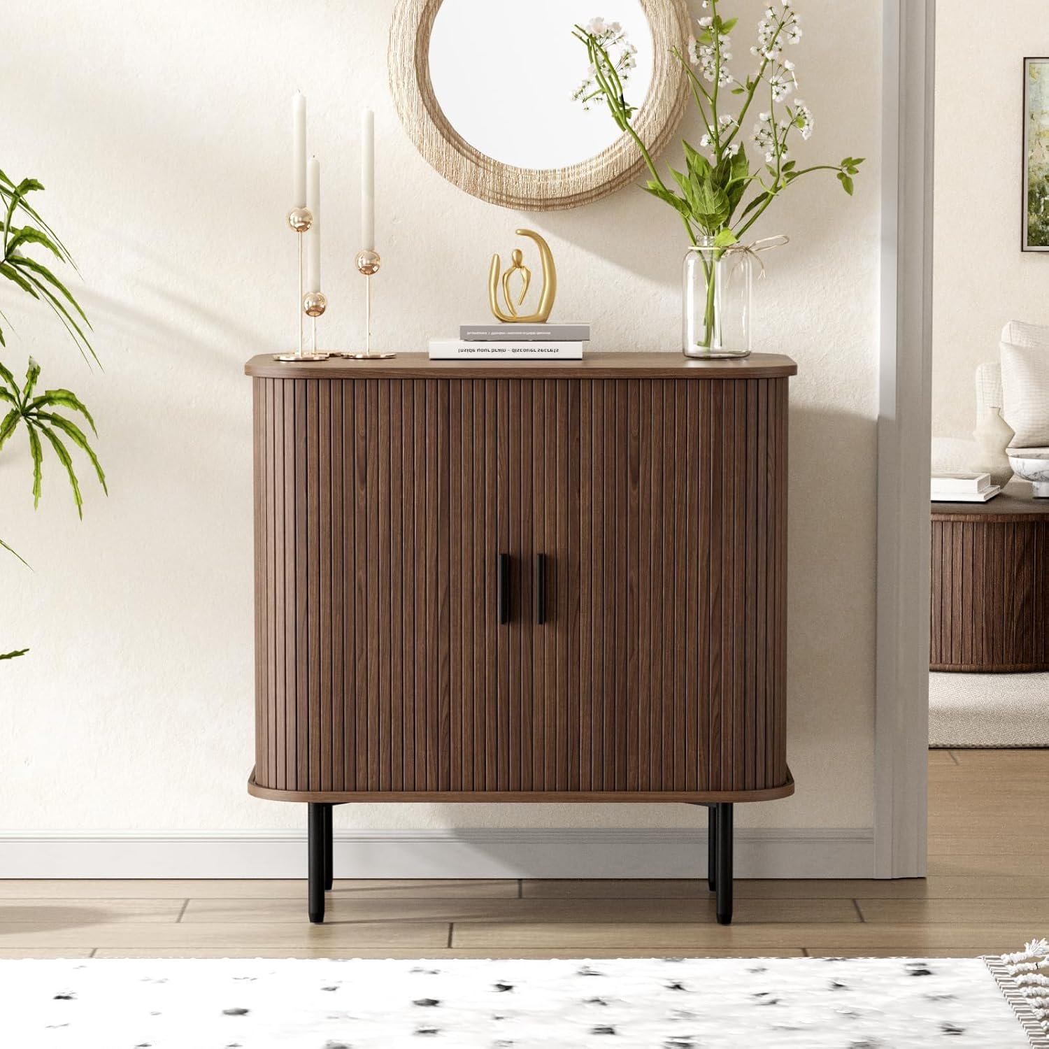 31''W Walnut Buffet Sideboard Cabinet with Storage, Fluted Accent Storage Cabinet with Curvy Edge, Sliding Door, Freestanding Credenza, Console Table for Living Room, Kitchen, Hallway