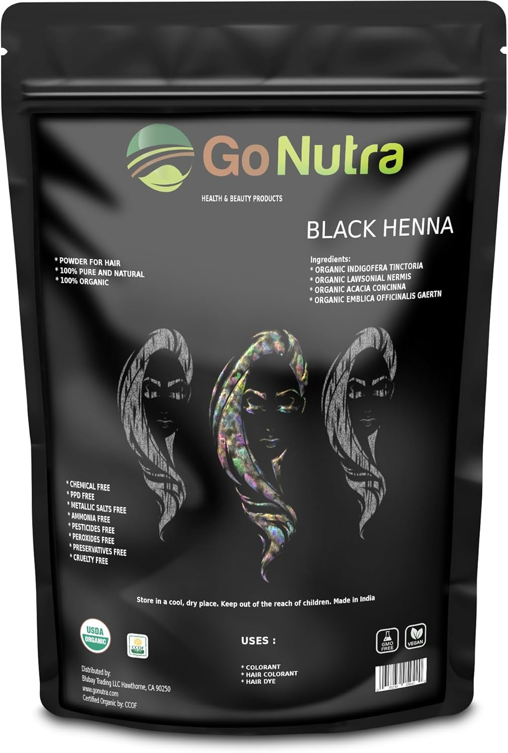 Go Nutra Black Henna Powder Organic 8 oz Natural Black Hair Dye - Black Henna Hair Dye & Beard Dye (226 grams)